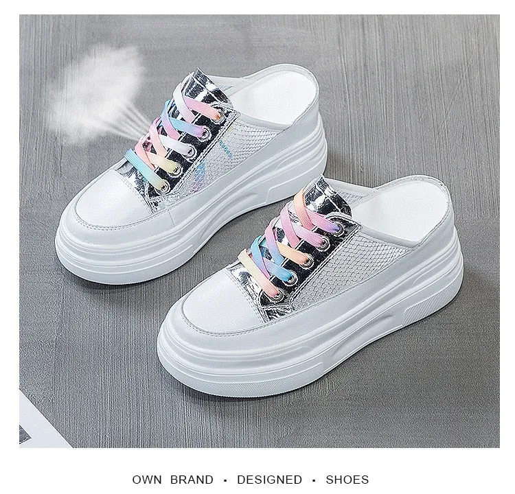 Amozae  8Cm Women Summer Shoes Slippers White Genuine Leather Air Mesh Breathable Platform Wedge Heel Mules Shoes Chunky Footwear