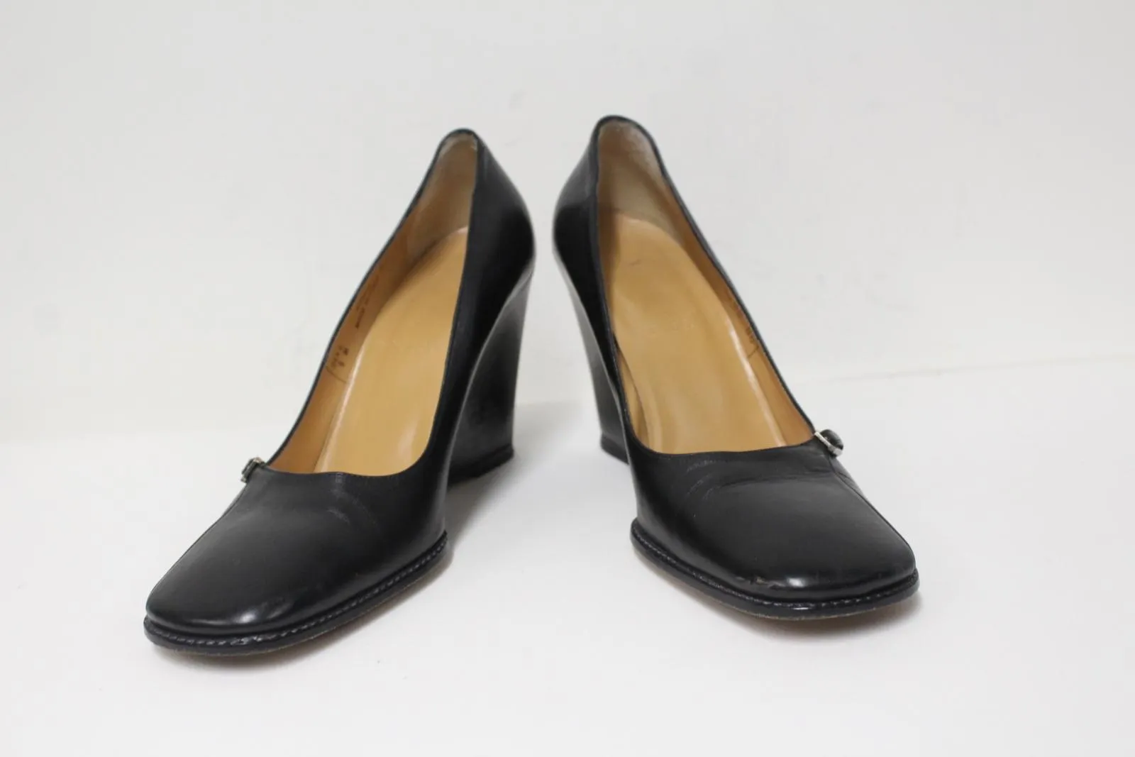BALLY Ladies Black Leather Wedge Heel Square Toe Slip-On Shoes EU38.5 UK5.5