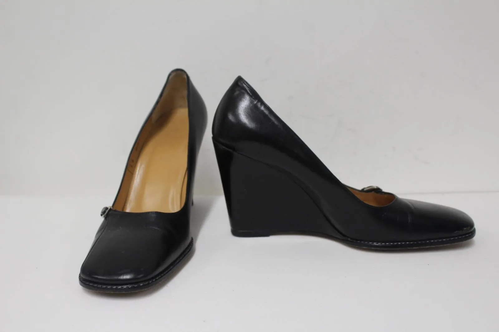 BALLY Ladies Black Leather Wedge Heel Square Toe Slip-On Shoes EU38.5 UK5.5