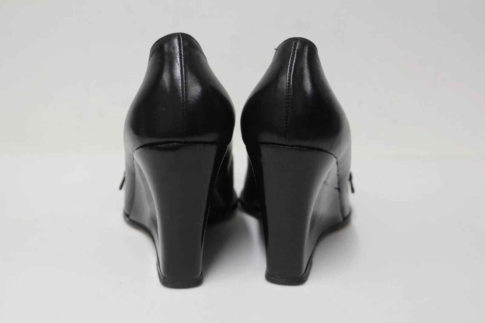 BALLY Ladies Black Leather Wedge Heel Square Toe Slip-On Shoes EU38.5 UK5.5