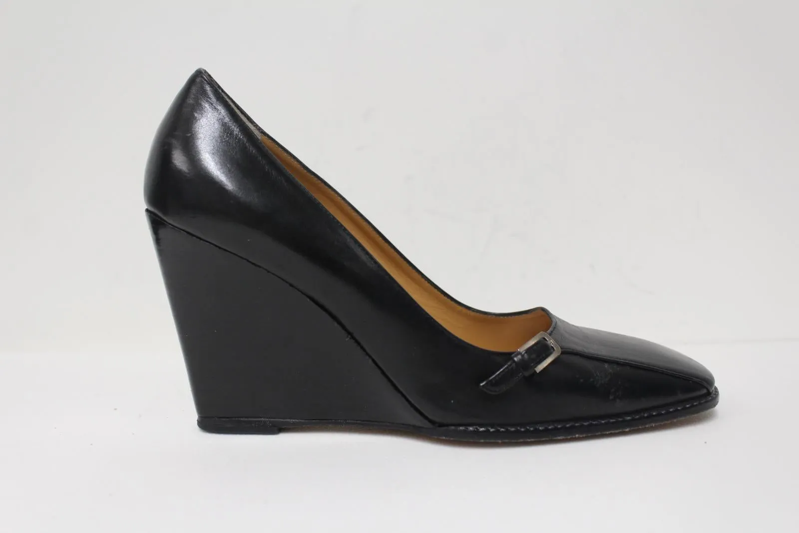 BALLY Ladies Black Leather Wedge Heel Square Toe Slip-On Shoes EU38.5 UK5.5