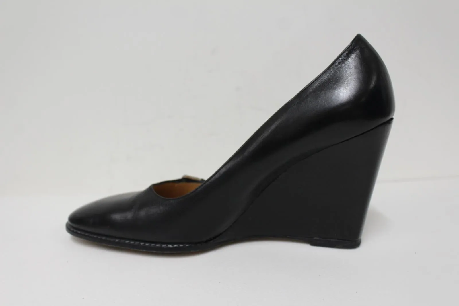 BALLY Ladies Black Leather Wedge Heel Square Toe Slip-On Shoes EU38.5 UK5.5