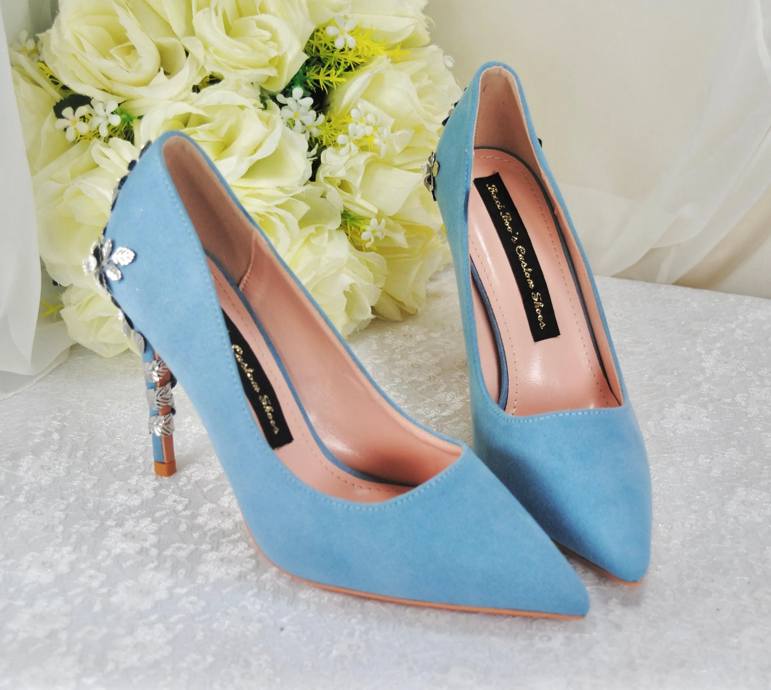 Beautiful Blue Suede Wedding Shoes withSsilver 'Cherry Blossom', Embellished Bridal Shoes, Wedding Heels for Bride Size UK7/US9.5