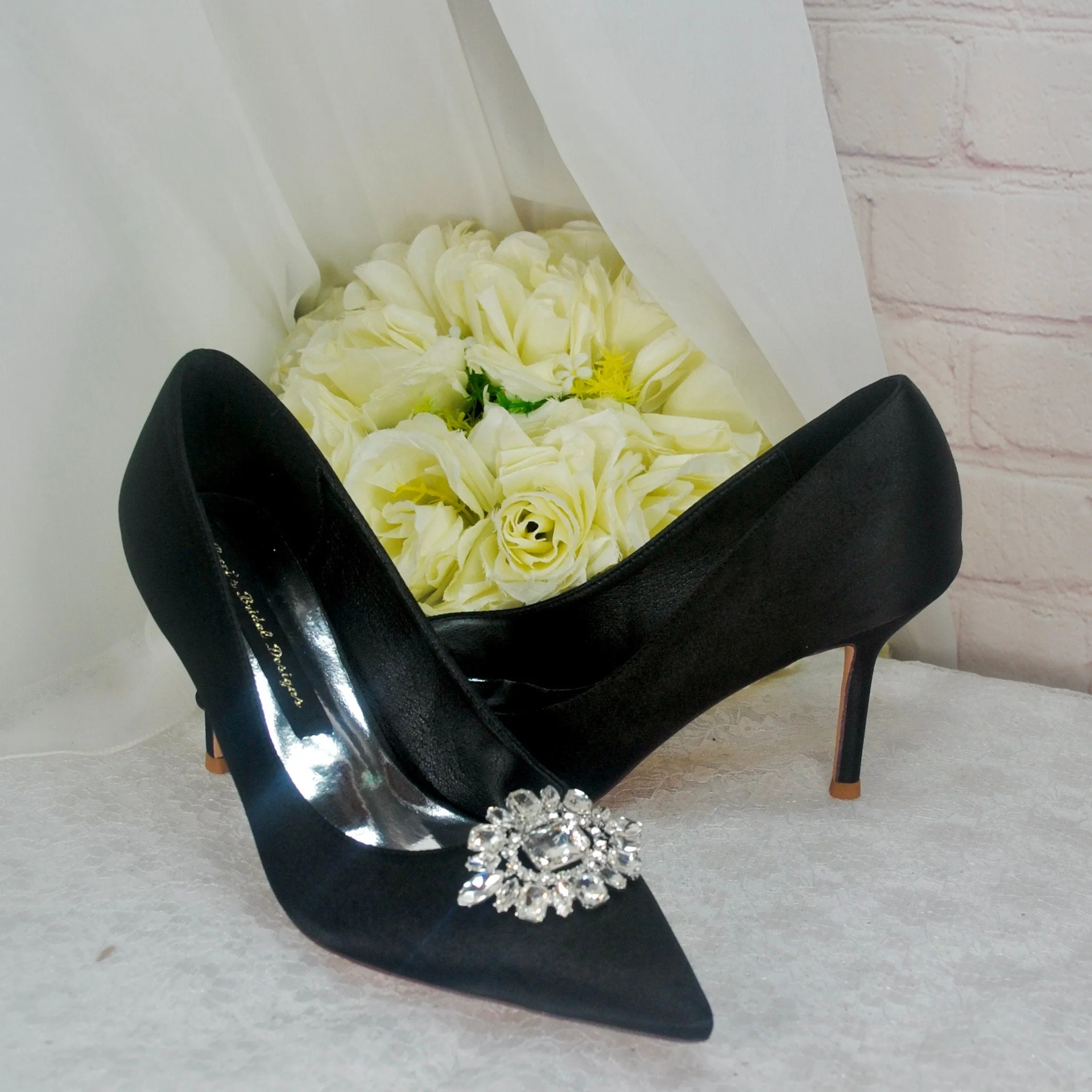 Black Evening Shoes Pointed Court Shoe with Crystal Clip