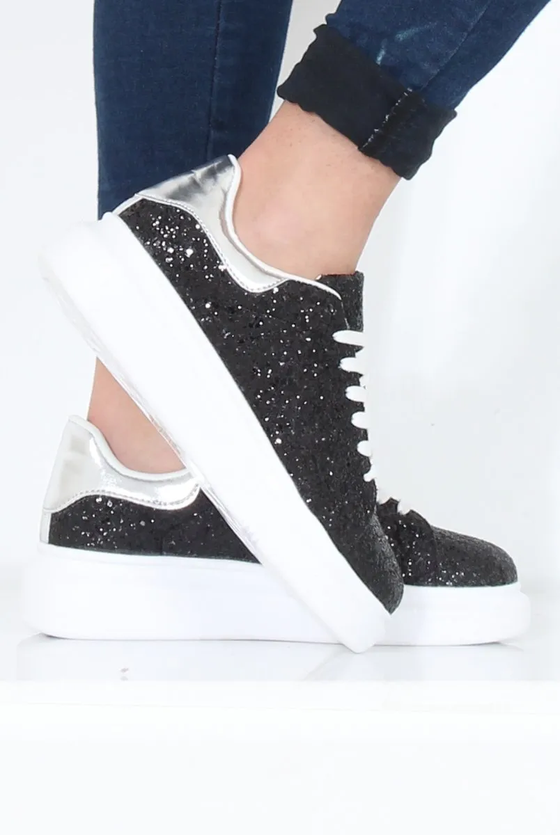 Black Glitter Platform Trainers - Erin