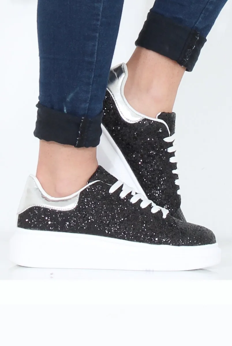 Black Glitter Platform Trainers - Erin