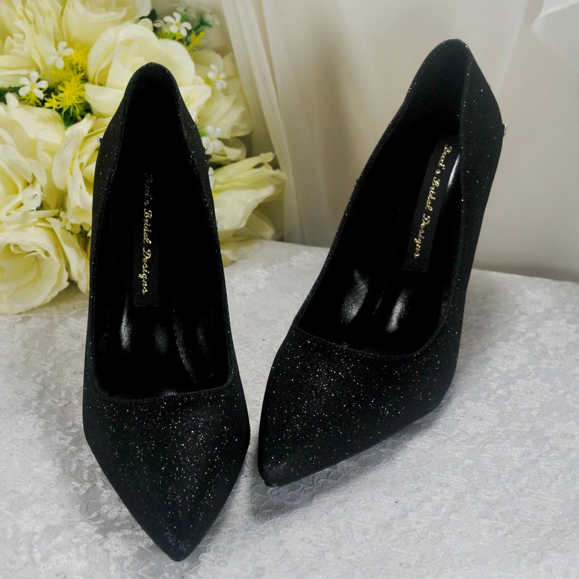 Black Heels with Silver Floral Embellishment UK6/US8.5