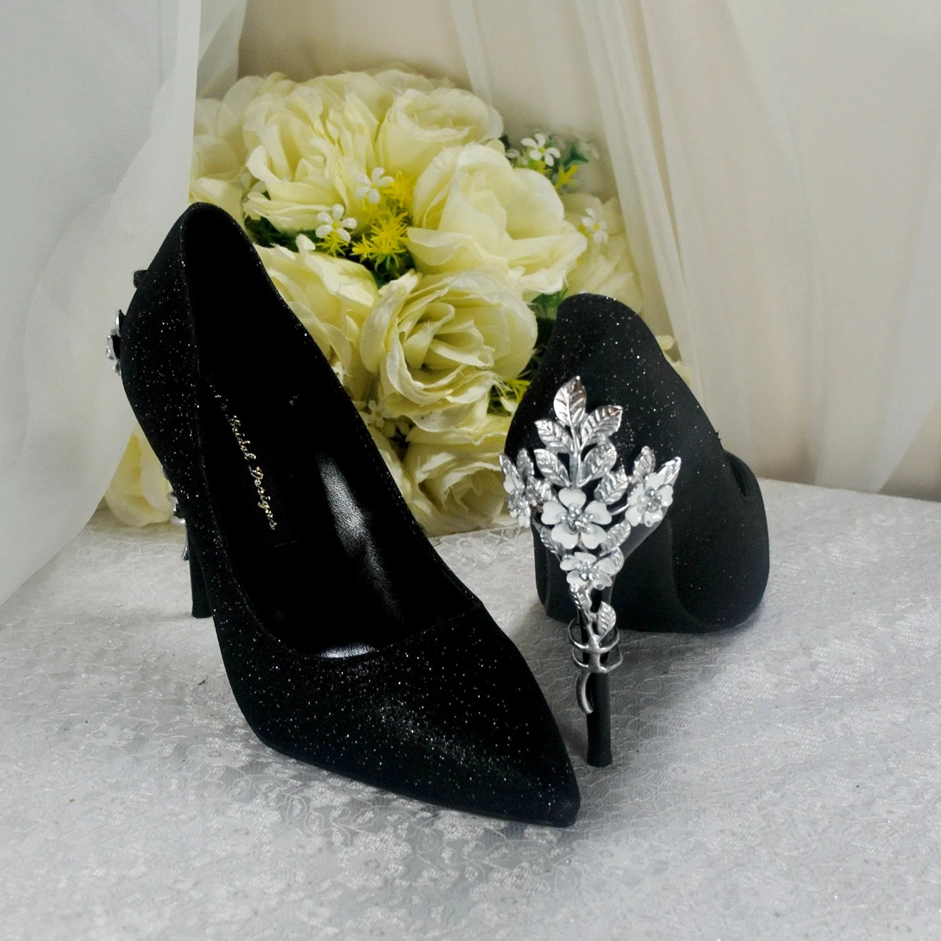 Black Heels with Silver Floral Embellishment UK6/US8.5