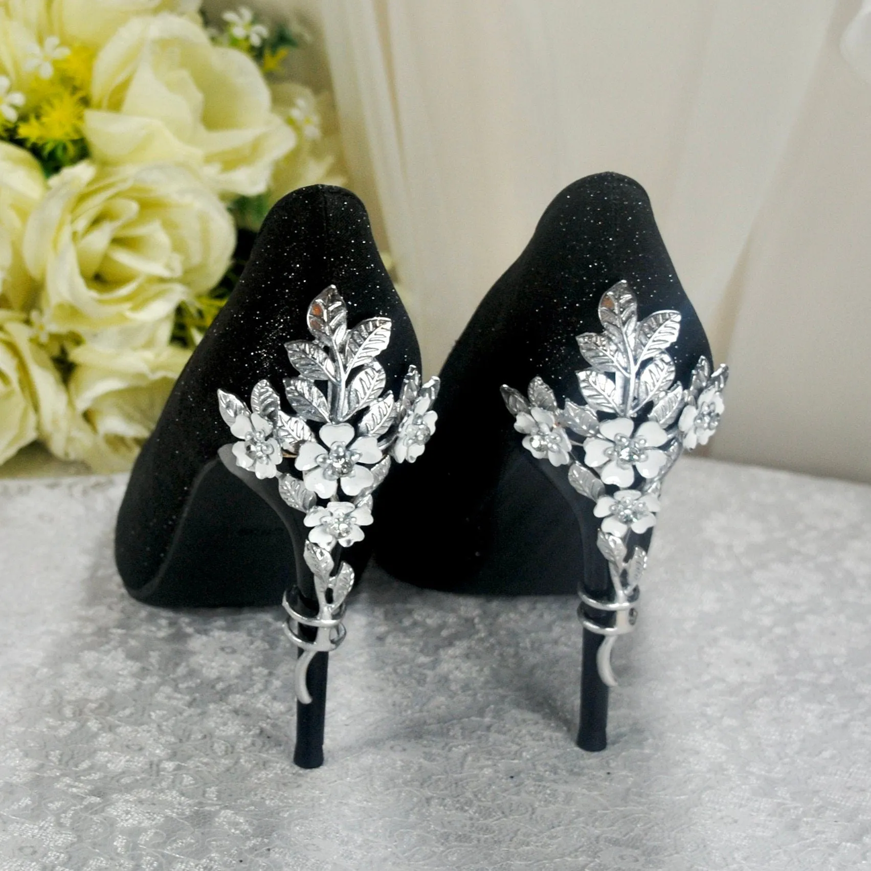 Black Heels with Silver Floral Embellishment UK6/US8.5