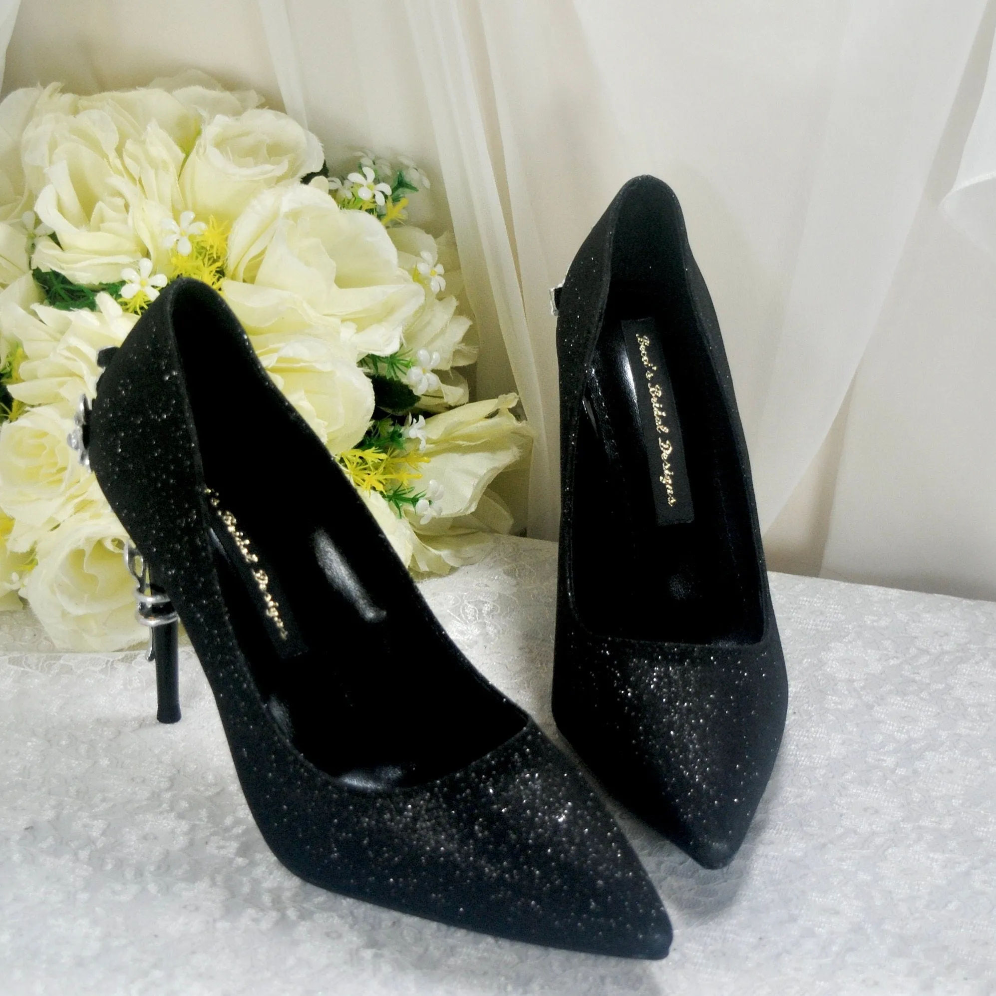 Black Heels with Silver Floral Embellishment UK6/US8.5