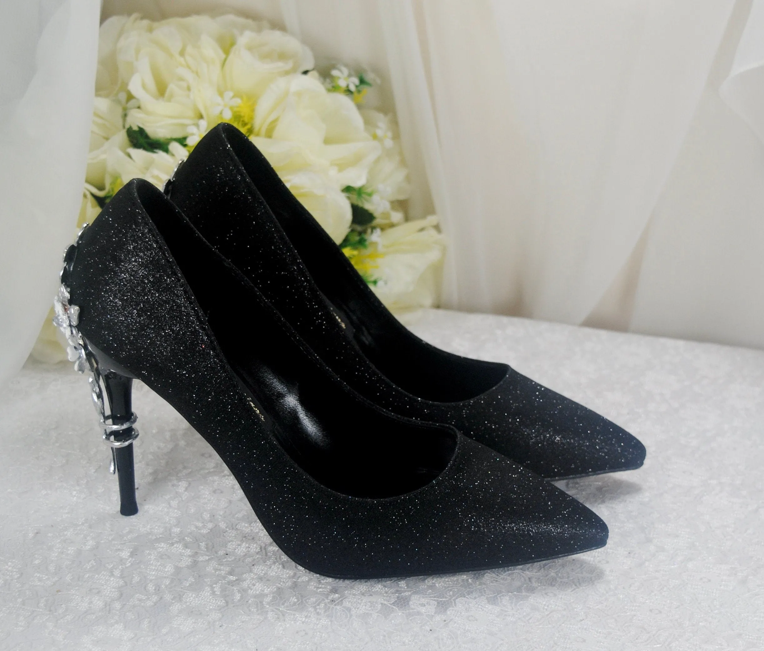 Black Heels with Silver Floral Embellishment UK6/US8.5