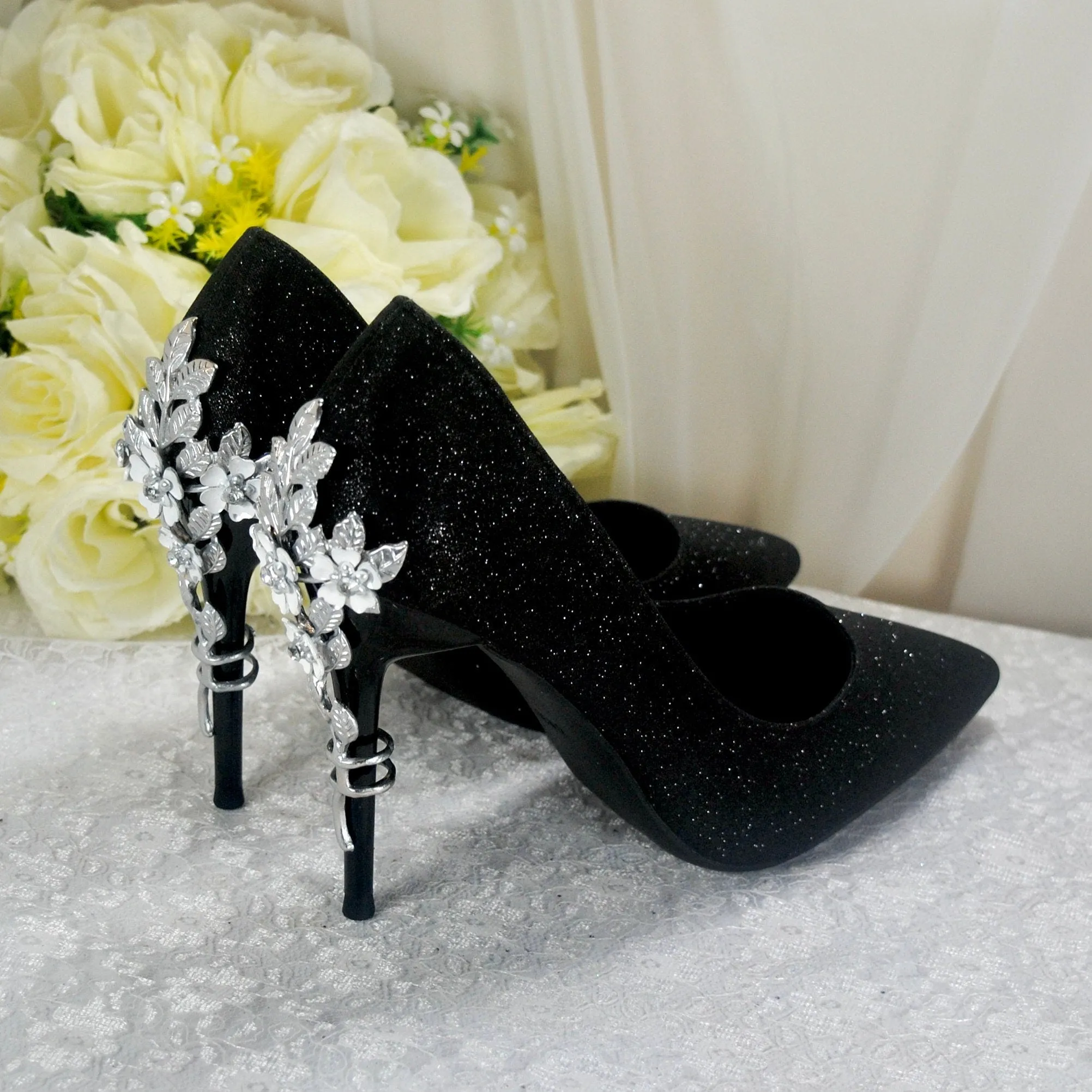 Black Heels with Silver Floral Embellishment UK6/US8.5