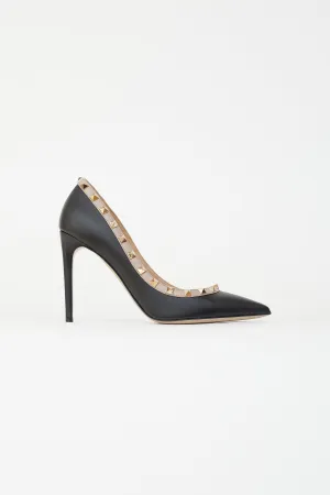 Black Leather Rockstud 100 Beige Trim Pump