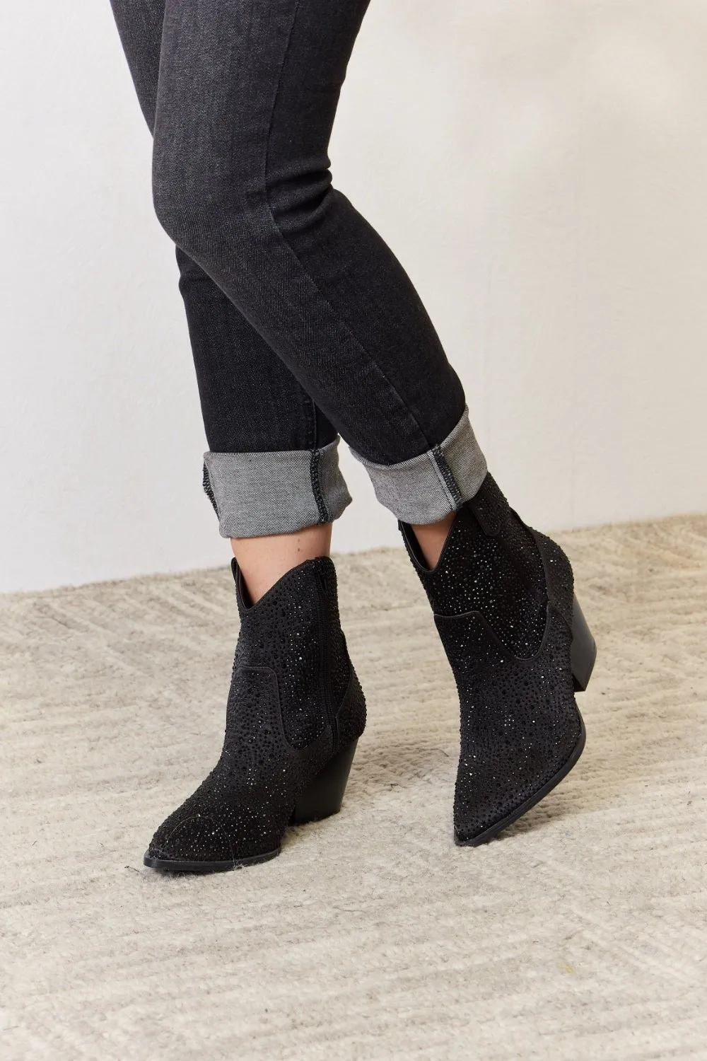 Black Rhinestone Vegan Leather Cowgirl Ankle Boots
