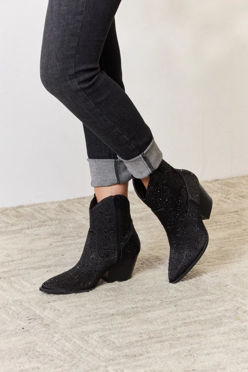 Black Rhinestone Vegan Leather Cowgirl Ankle Boots