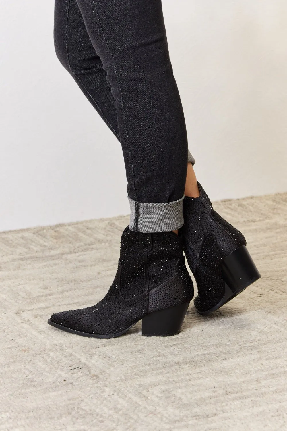 Black Rhinestone Vegan Leather Cowgirl Ankle Boots