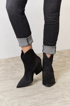 Black Rhinestone Vegan Leather Cowgirl Ankle Boots