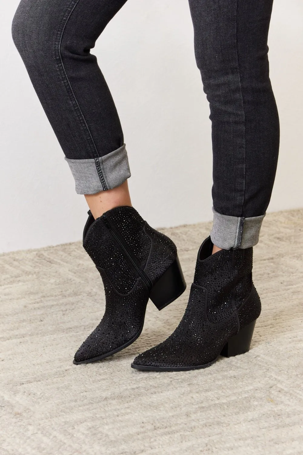 Black Rhinestone Vegan Leather Cowgirl Ankle Boots