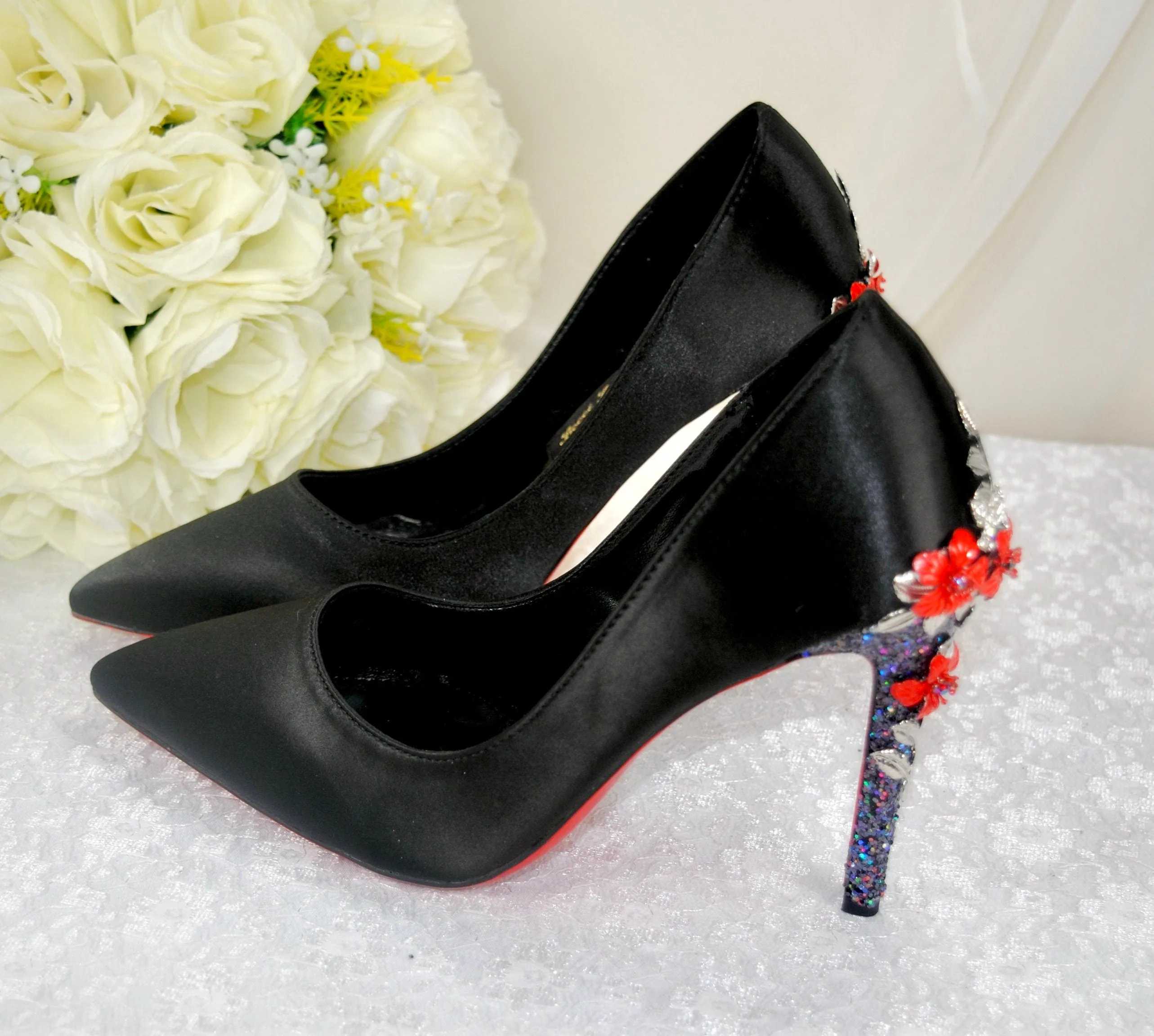 Black Satin with Red Soles Size UK6.5/US9
