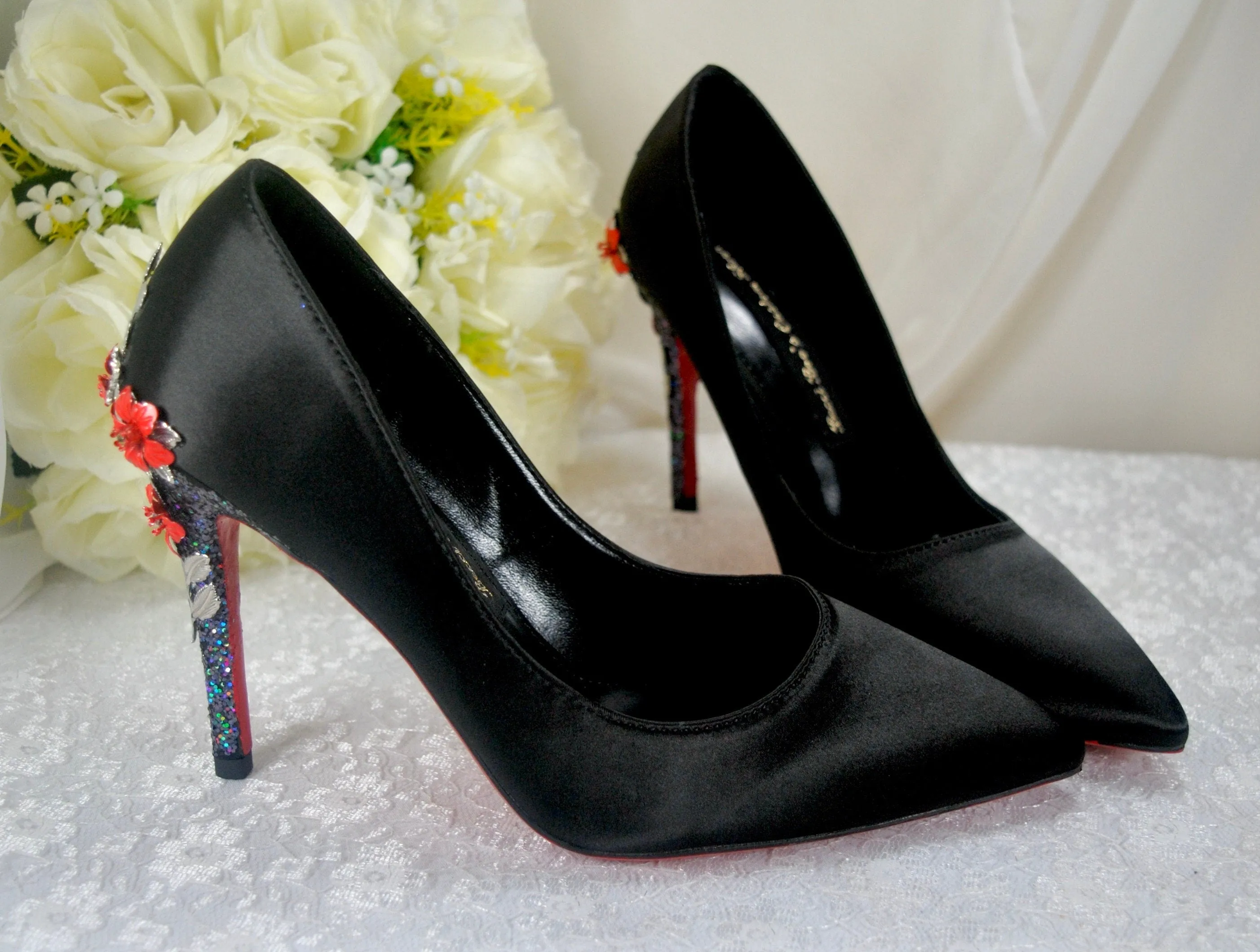 Black Satin with Red Soles Size UK6.5/US9