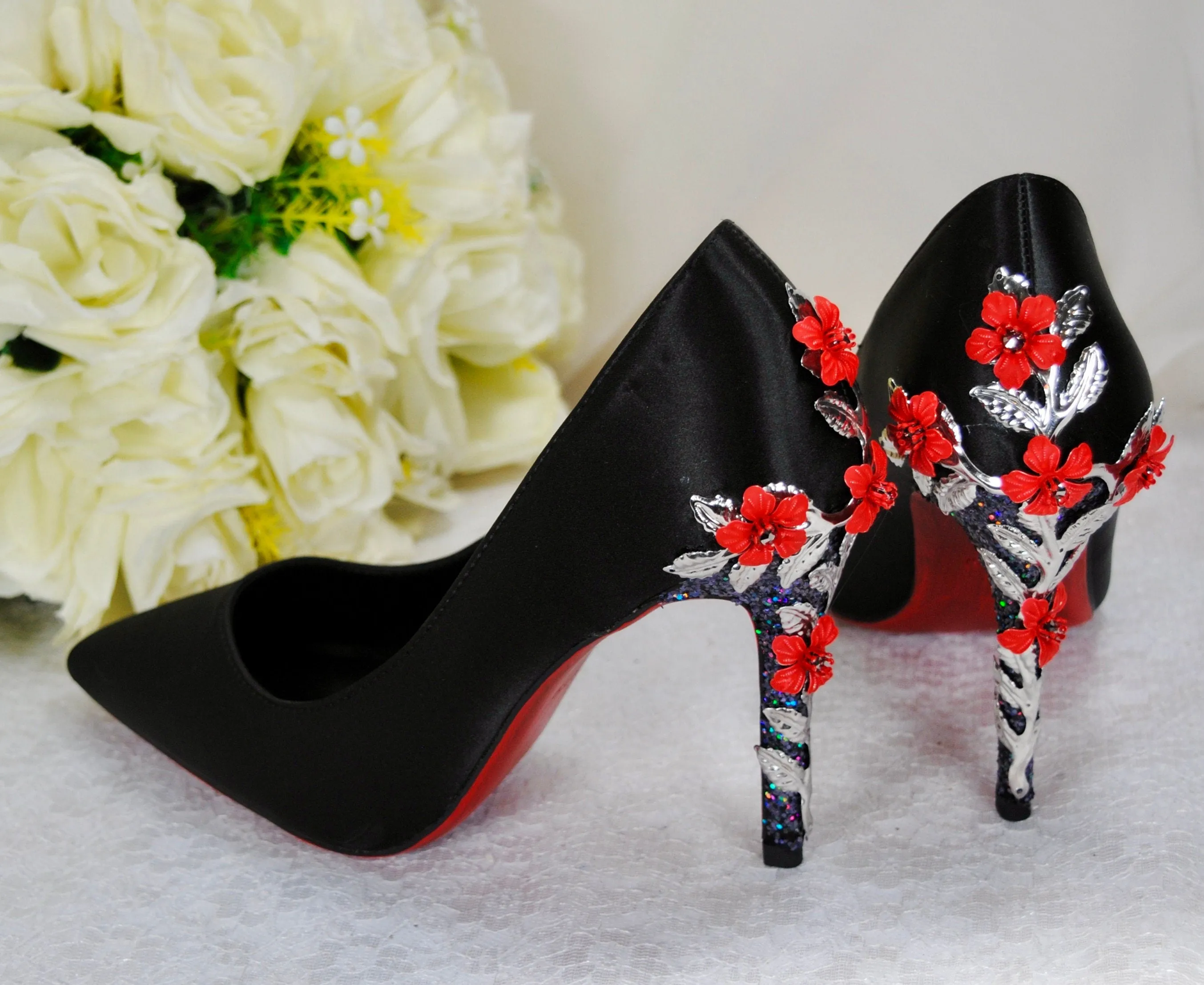 Black Satin with Red Soles Size UK6.5/US9