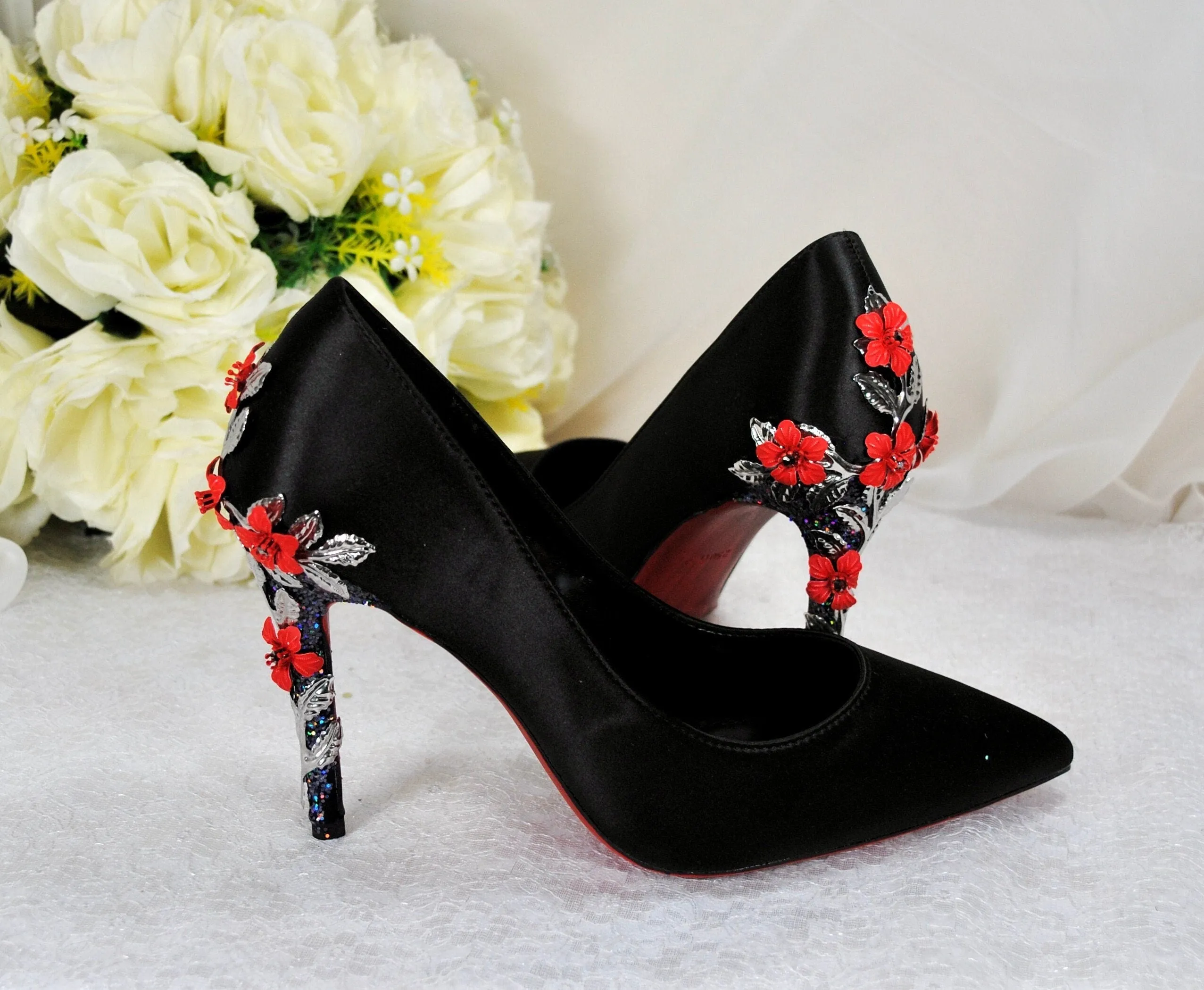 Black Satin with Red Soles Size UK6.5/US9