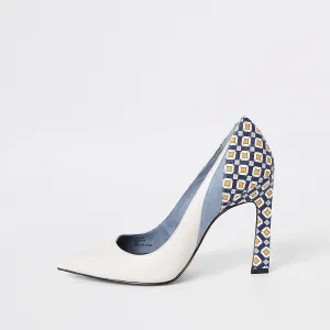 Blue printed block heel court shoes