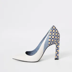 Blue printed block heel court shoes