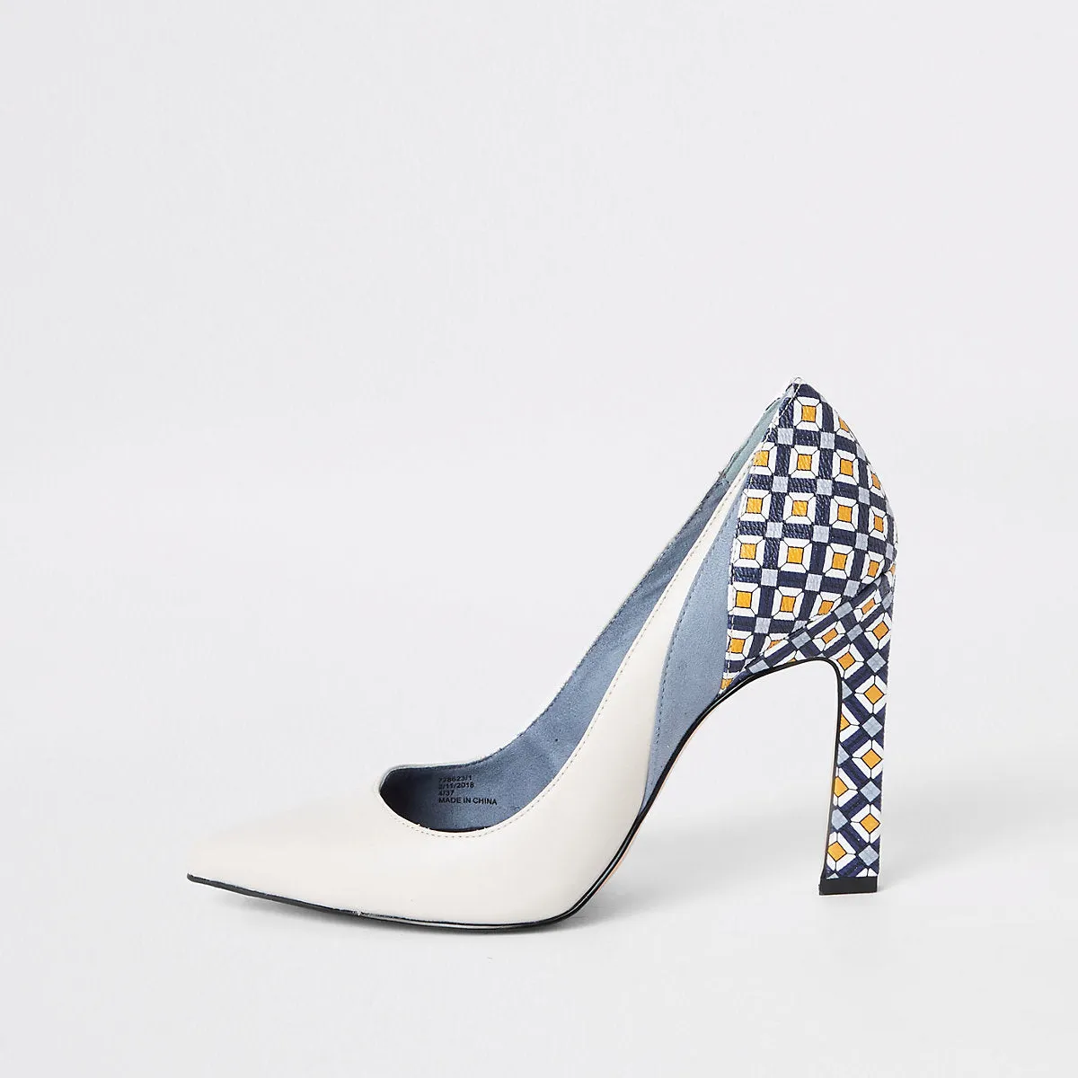 Blue printed block heel court shoes