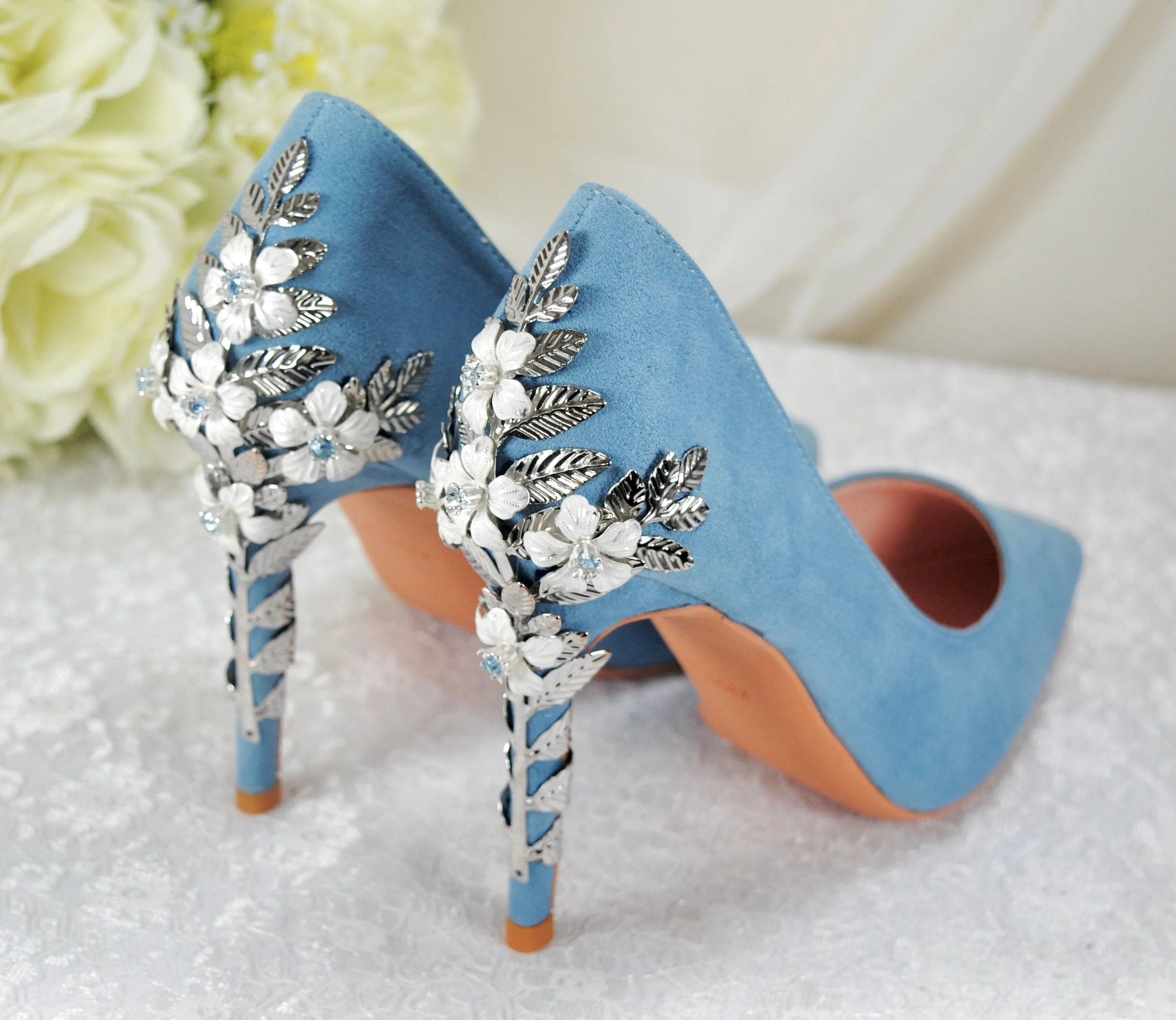 Blue Suede with silver 'Cherry Blossom'