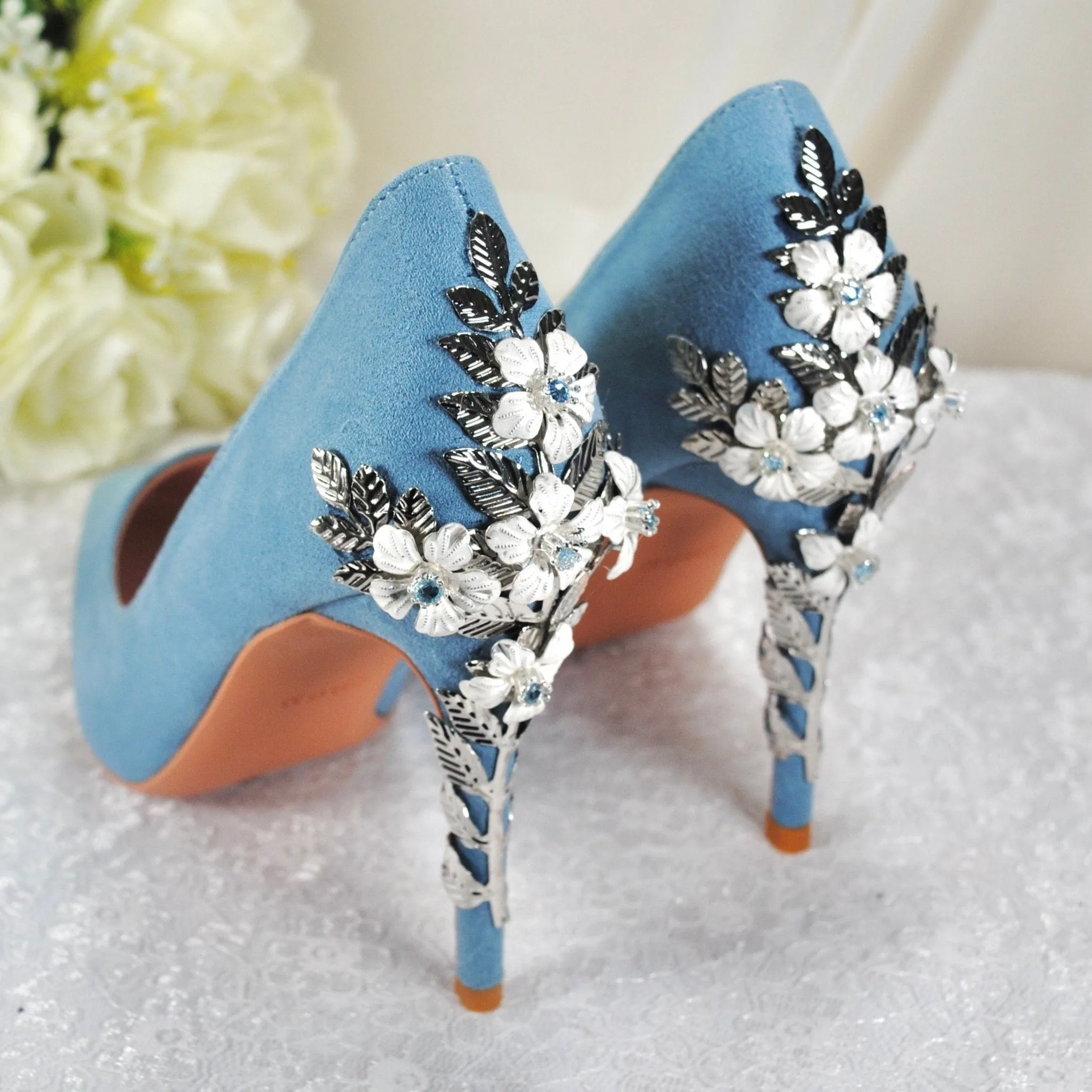 Blue Suede with silver 'Cherry Blossom'