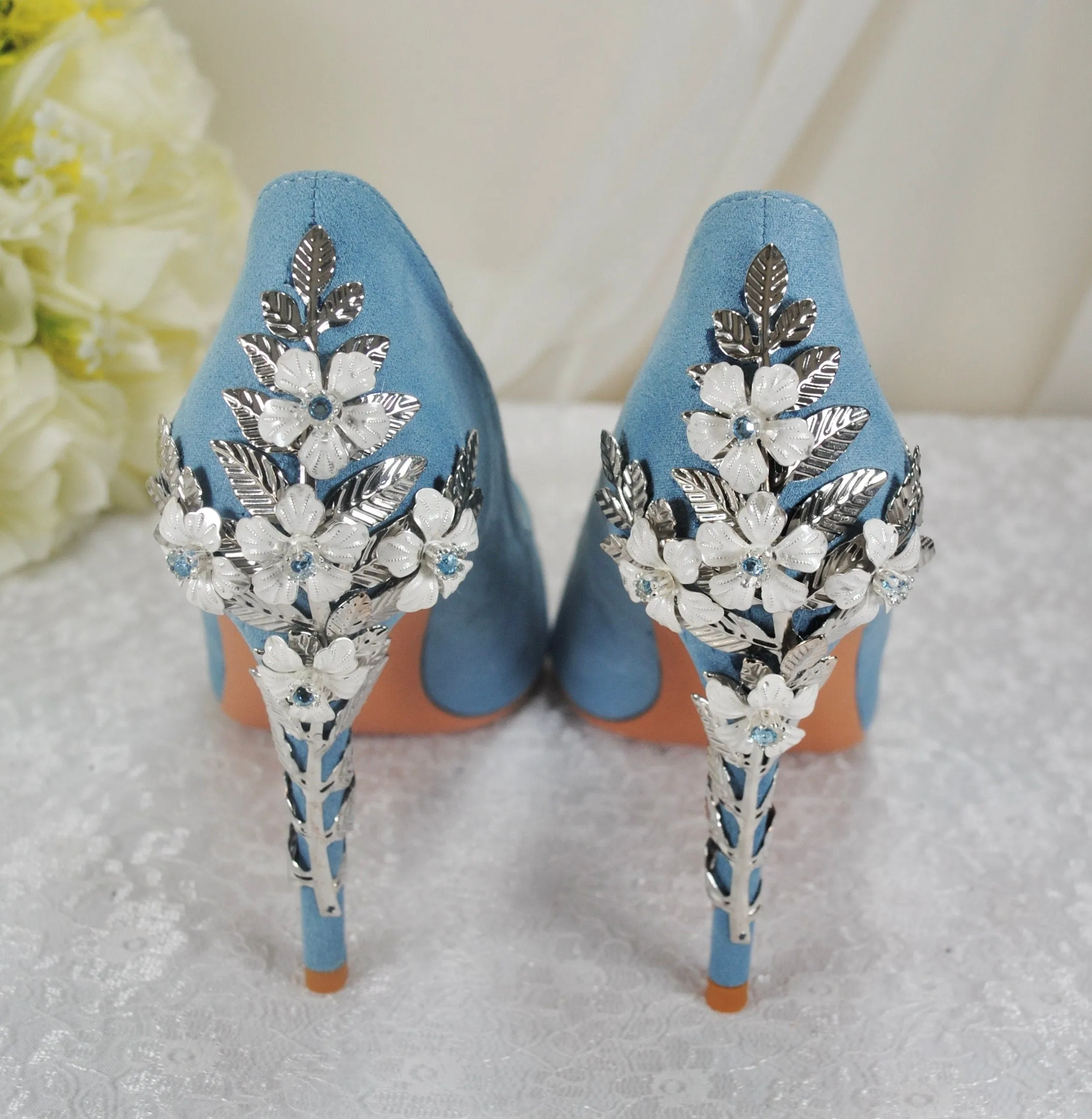 Blue Suede with silver 'Cherry Blossom'