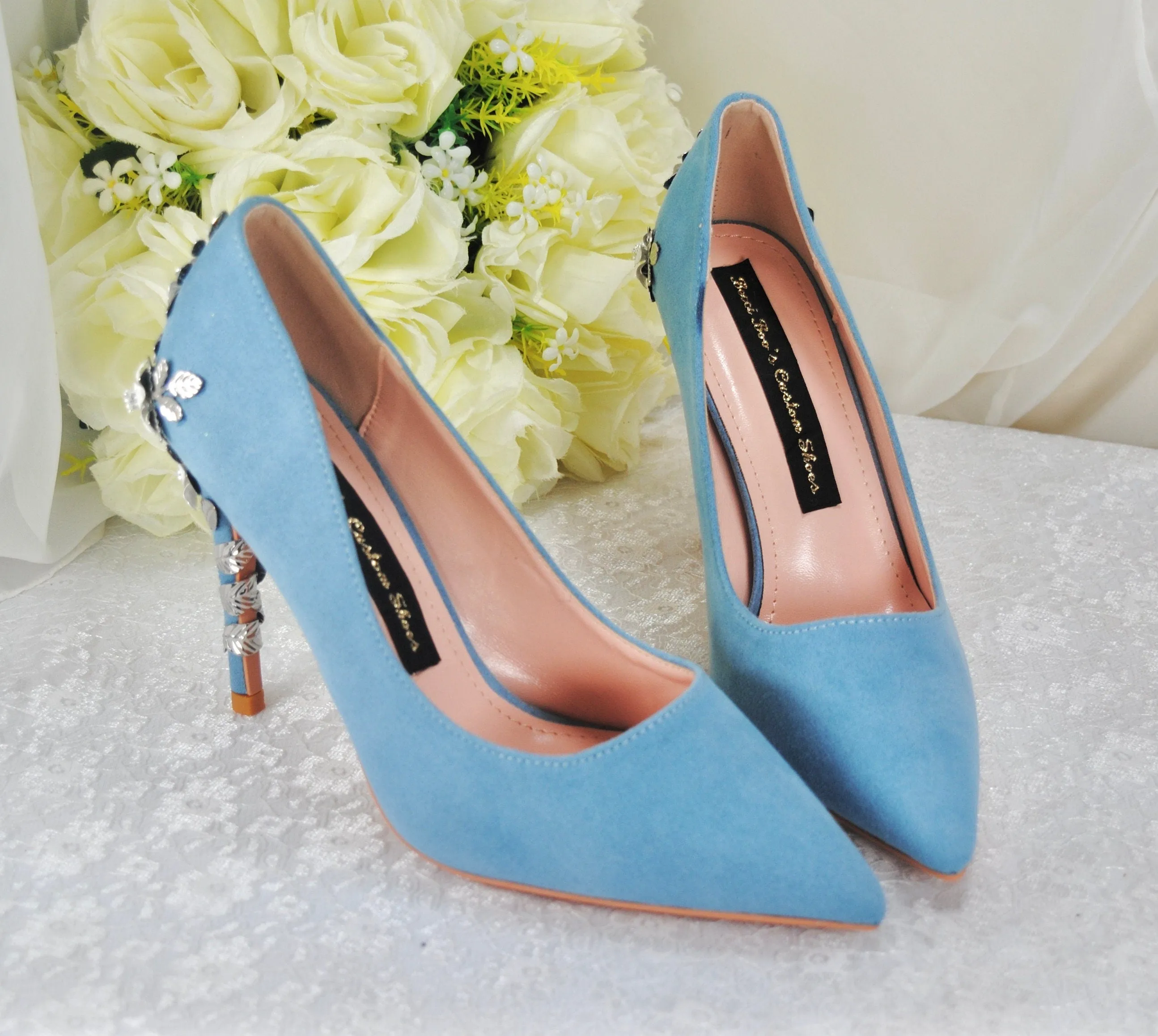 Blue Suede with silver 'Cherry Blossom'