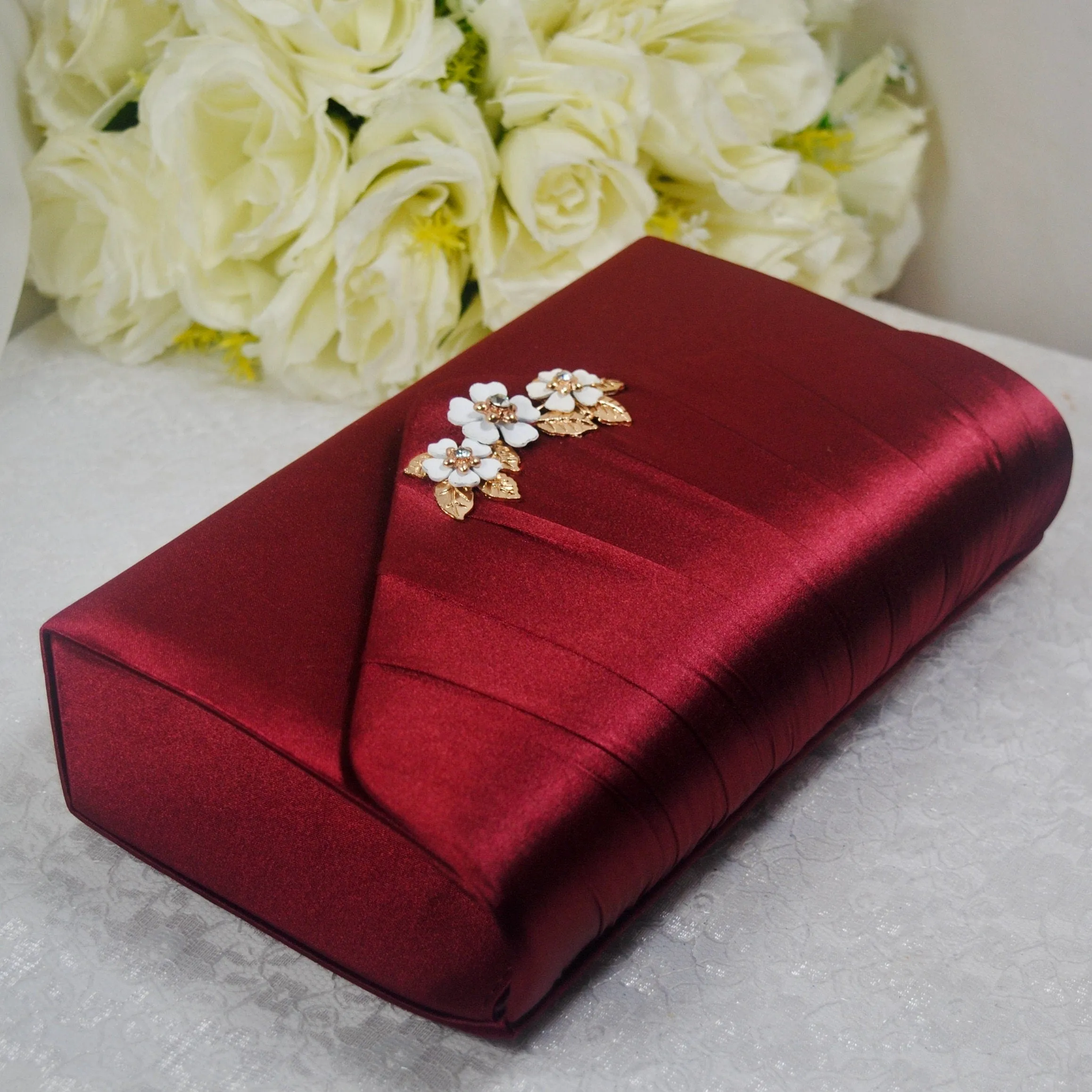 Burgundy Red Satin Bridal Shoes 'Cherry Blossom' Floral Embellishment and Matching Clutch Bag
