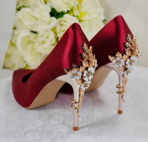 Burgundy Red Satin Bridal Shoes 'Cherry Blossom' Floral Embellishment and Matching Clutch Bag
