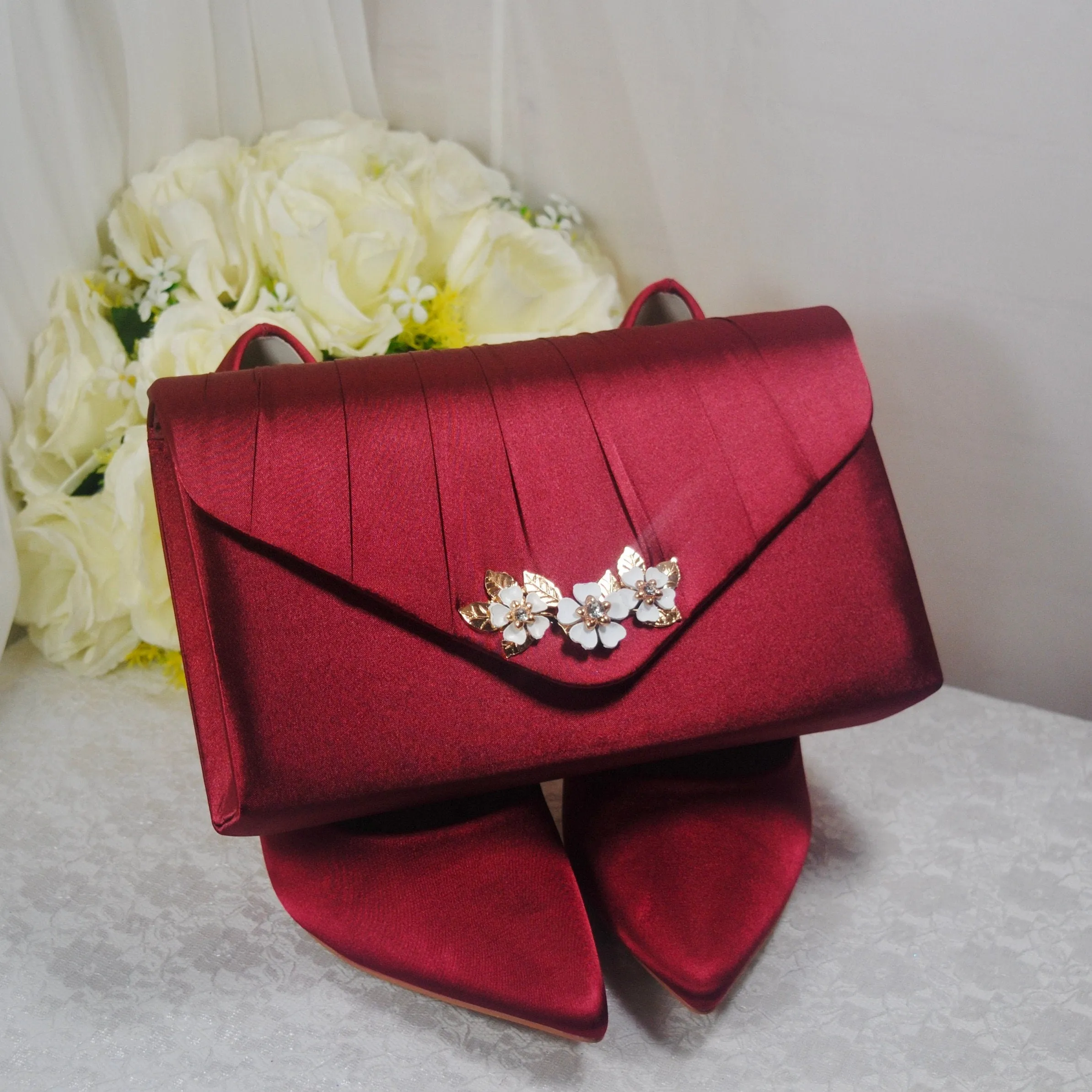 Burgundy Red Satin Bridal Shoes 'Cherry Blossom' Floral Embellishment and Matching Clutch Bag