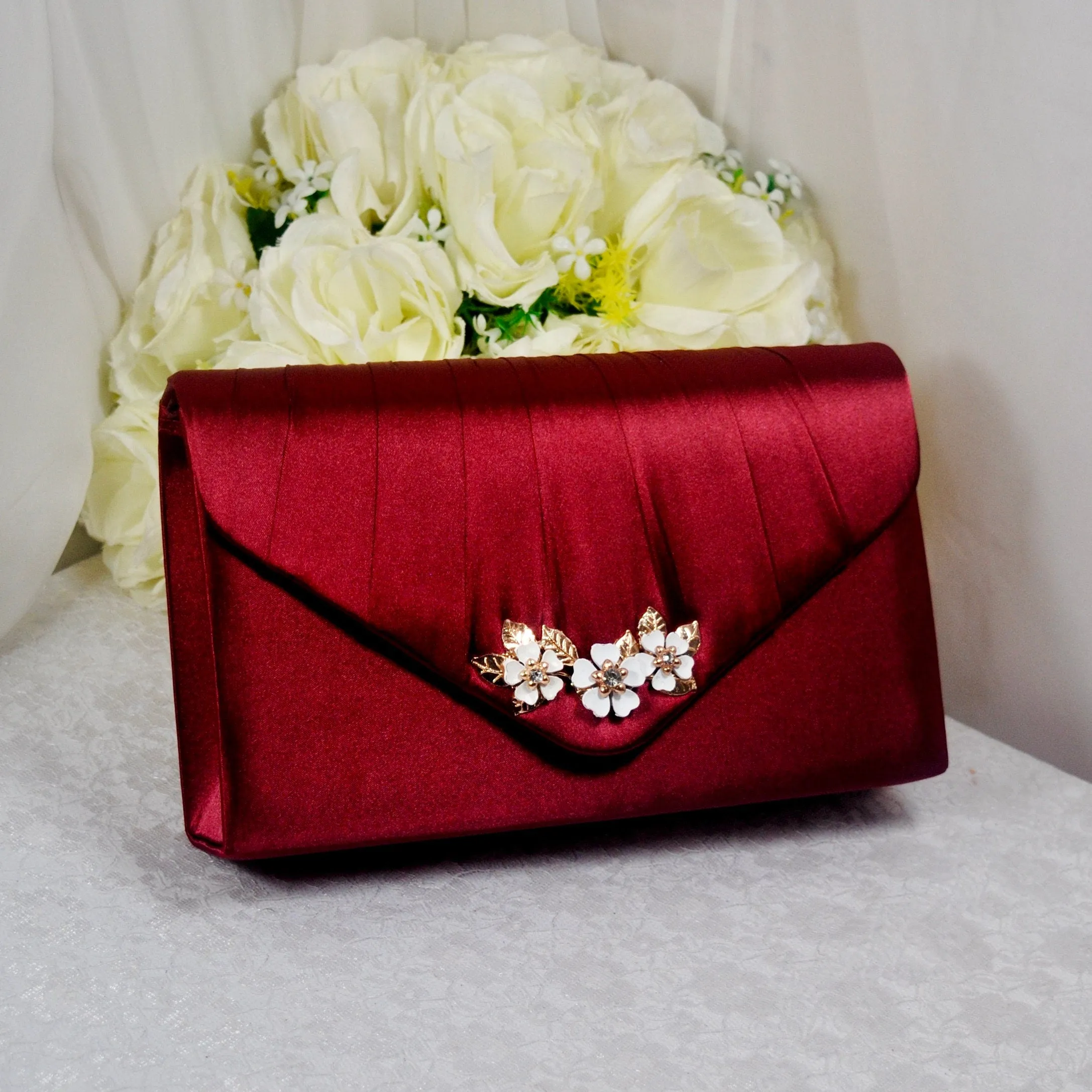 Burgundy Red Satin Bridal Shoes 'Cherry Blossom' Floral Embellishment and Matching Clutch Bag