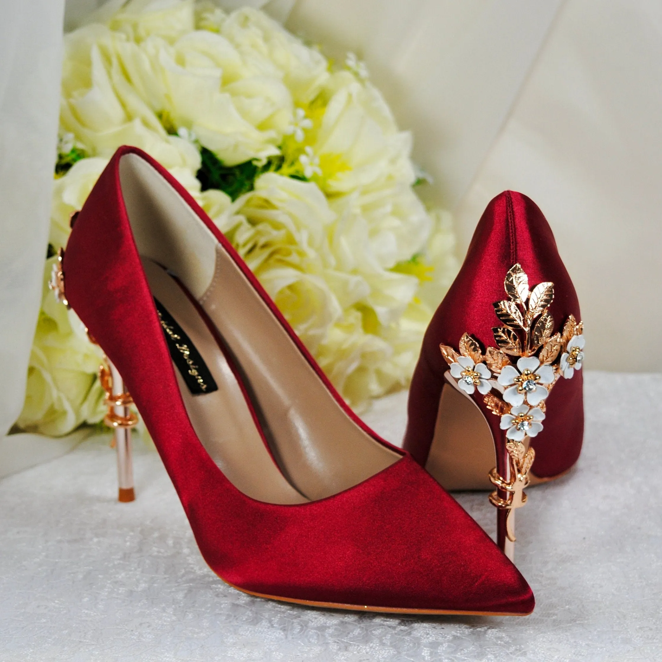 Burgundy Red Satin Bridal Shoes 'Cherry Blossom' Floral Embellishment and Matching Clutch Bag