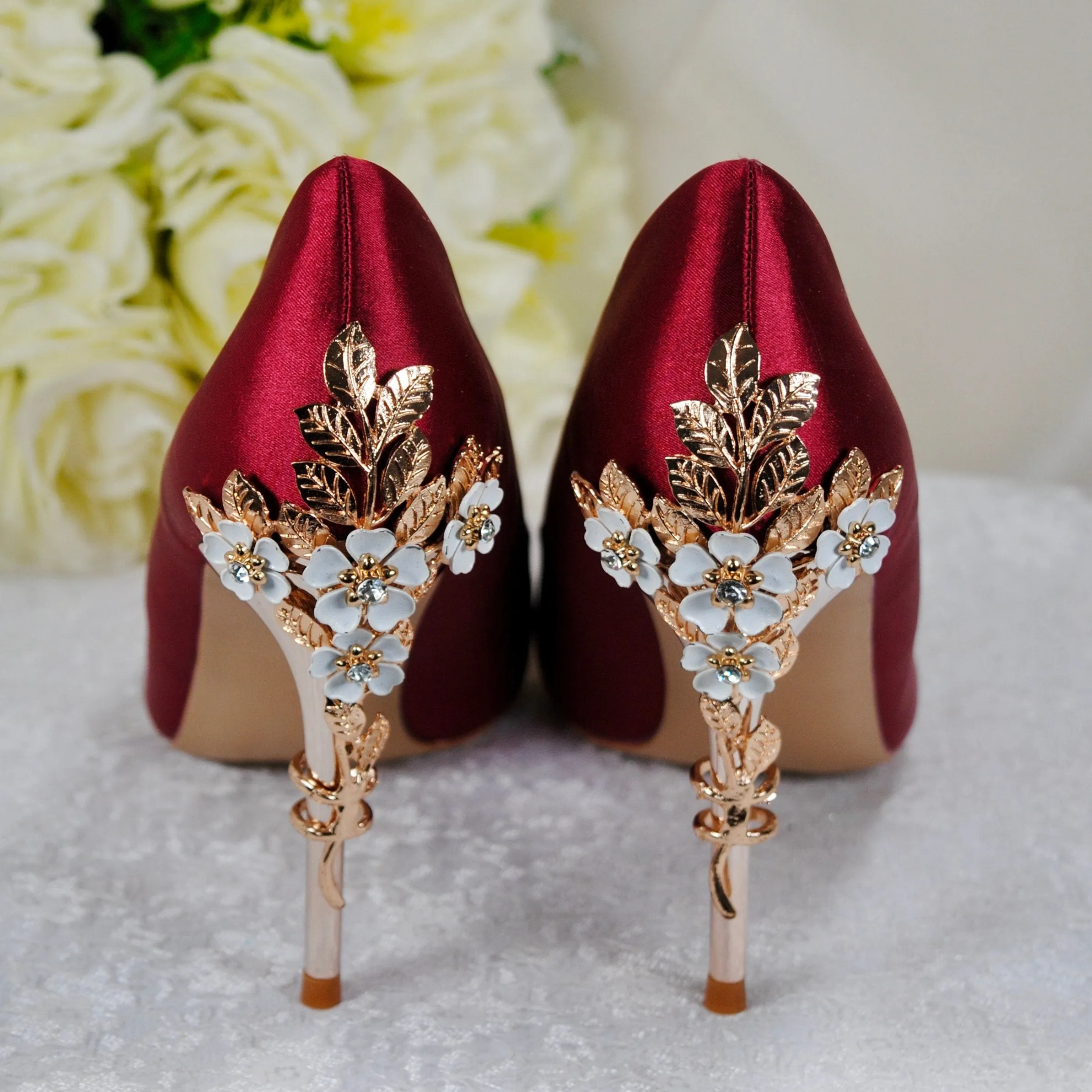 Burgundy Red Satin Bridal Shoes 'Cherry Blossom' Floral Embellishment and Matching Clutch Bag