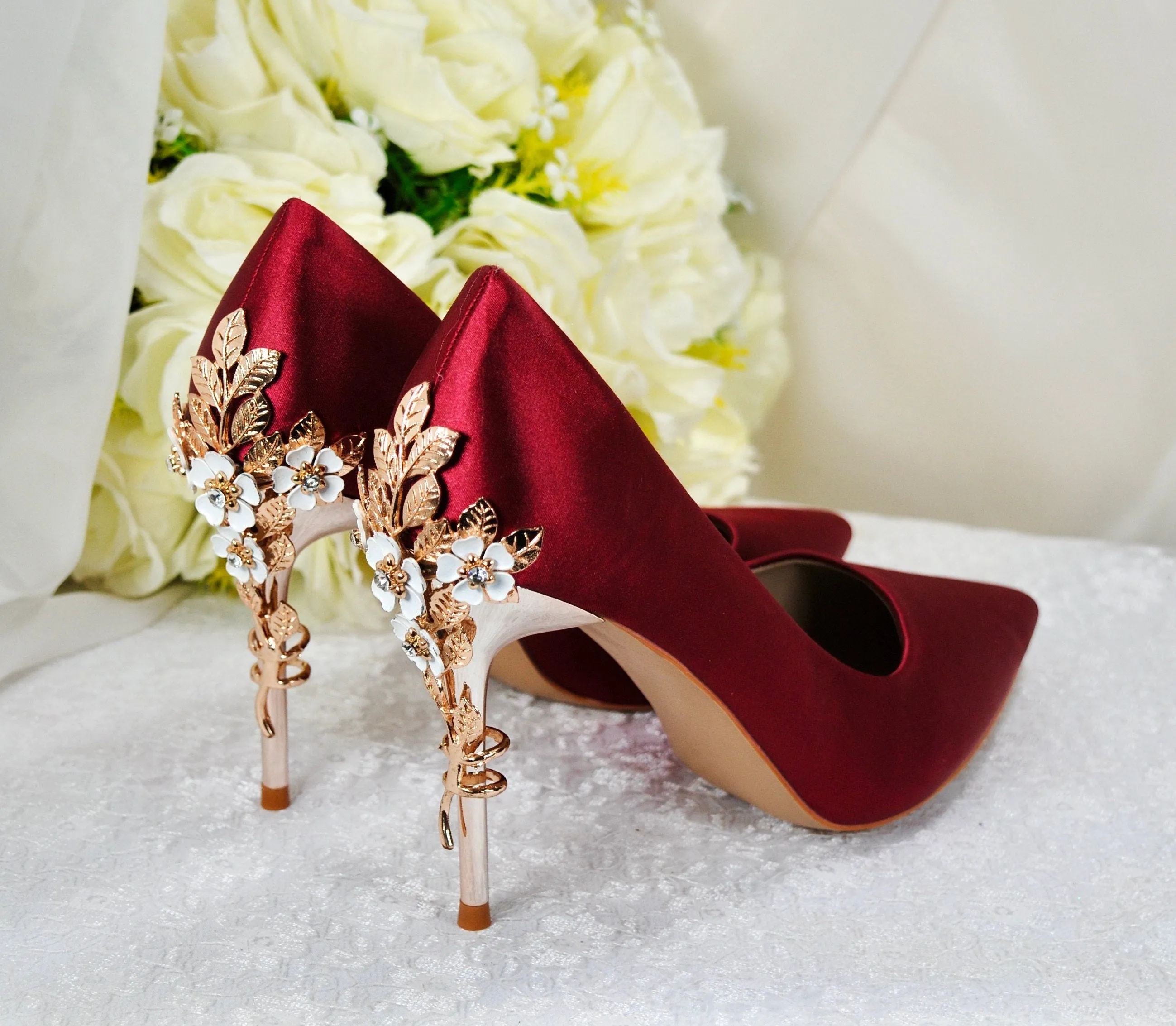 Burgundy Red Satin Bridal Shoes 'Cherry Blossom' Floral Embellishment and Matching Clutch Bag