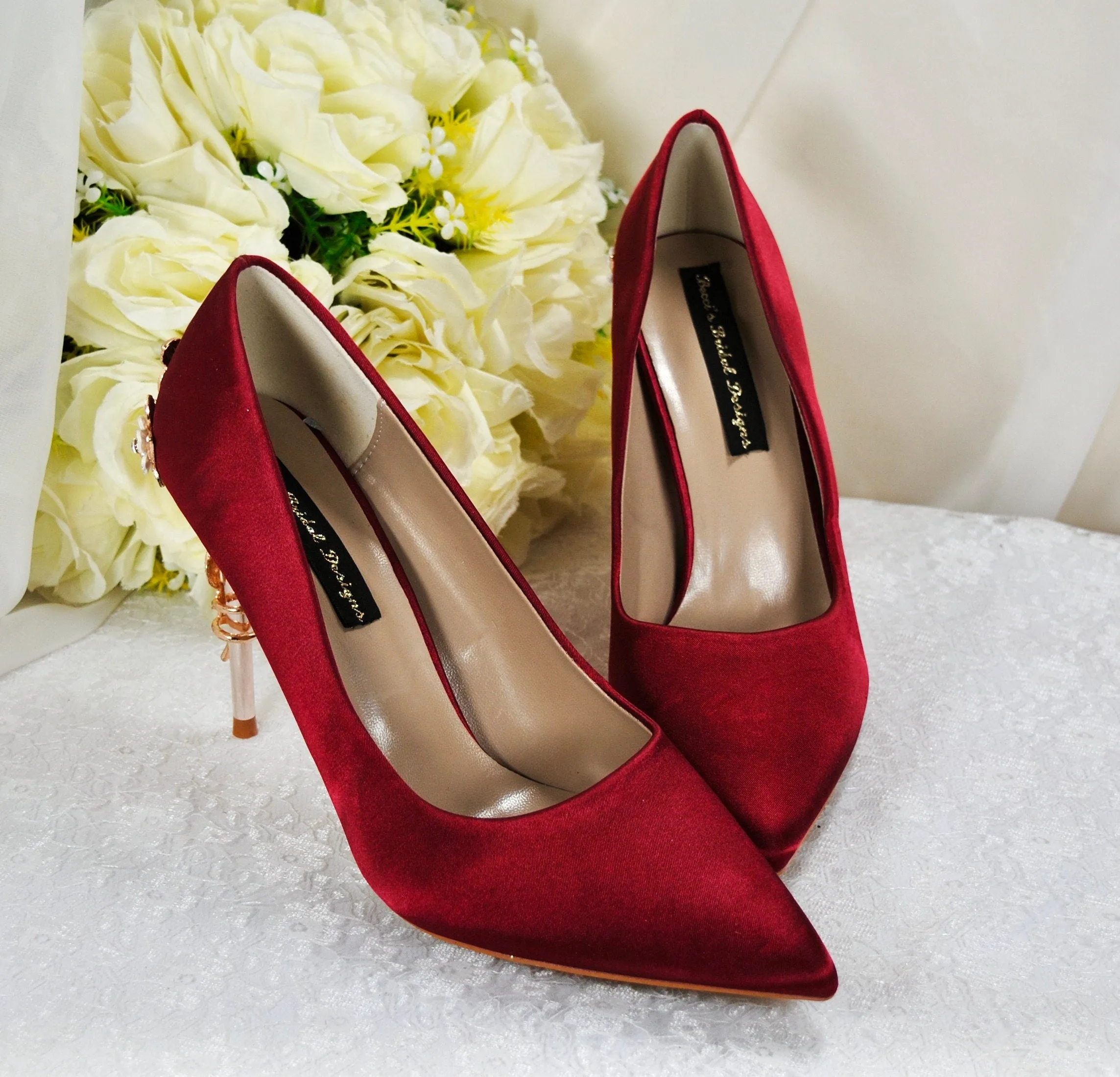 Burgundy Red Satin Bridal Shoes 'Cherry Blossom' Floral Embellishment and Matching Clutch Bag