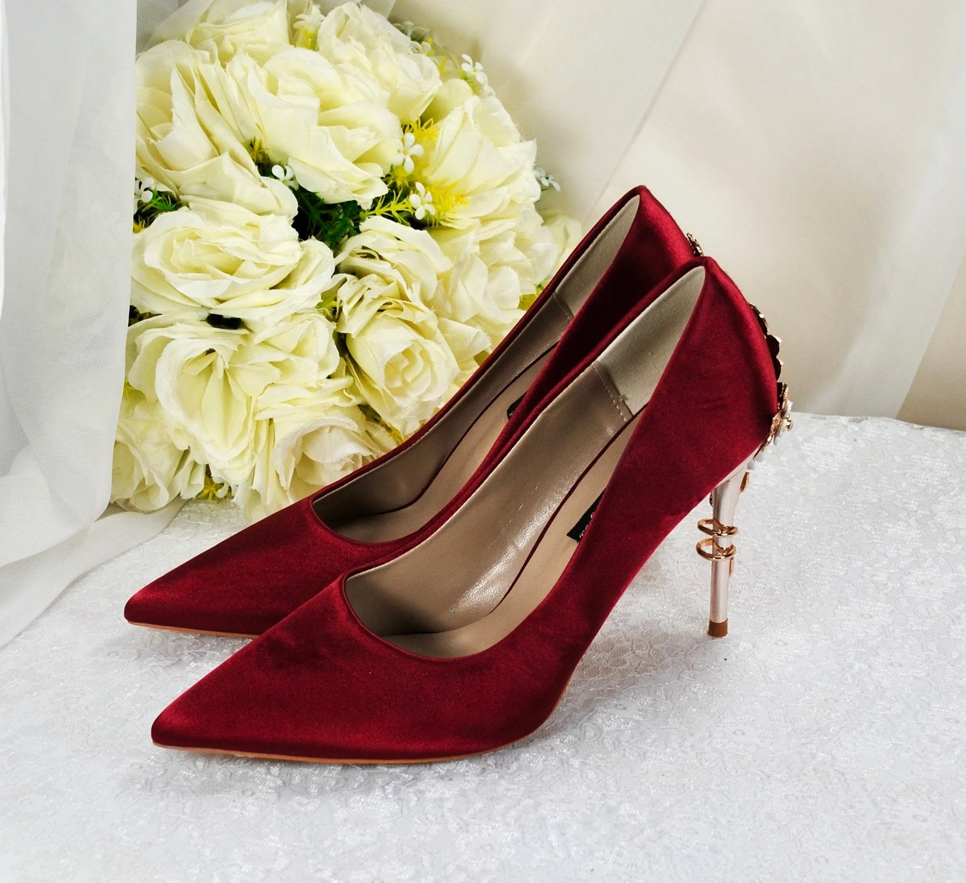 Burgundy Red Satin Bridal Shoes with Gold  'Cherry Blossom',