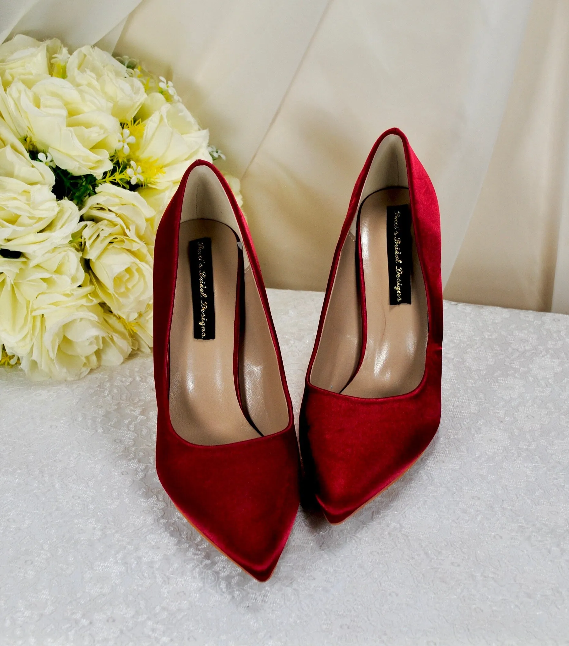 Burgundy Red Satin Bridal Shoes with Gold  'Cherry Blossom',