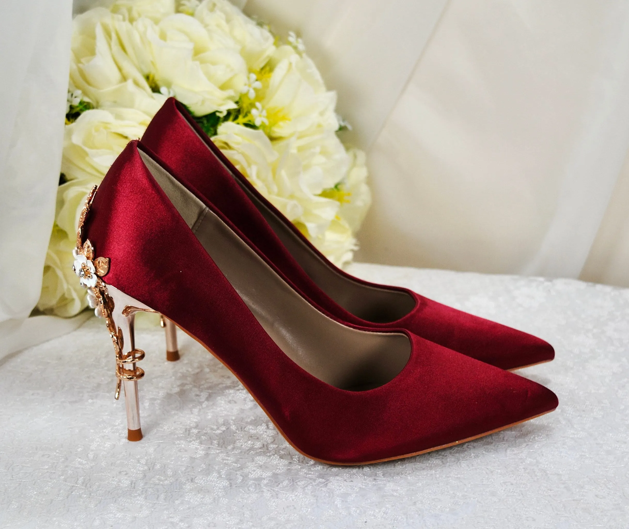 Burgundy Red Satin Bridal Shoes with Gold  'Cherry Blossom',