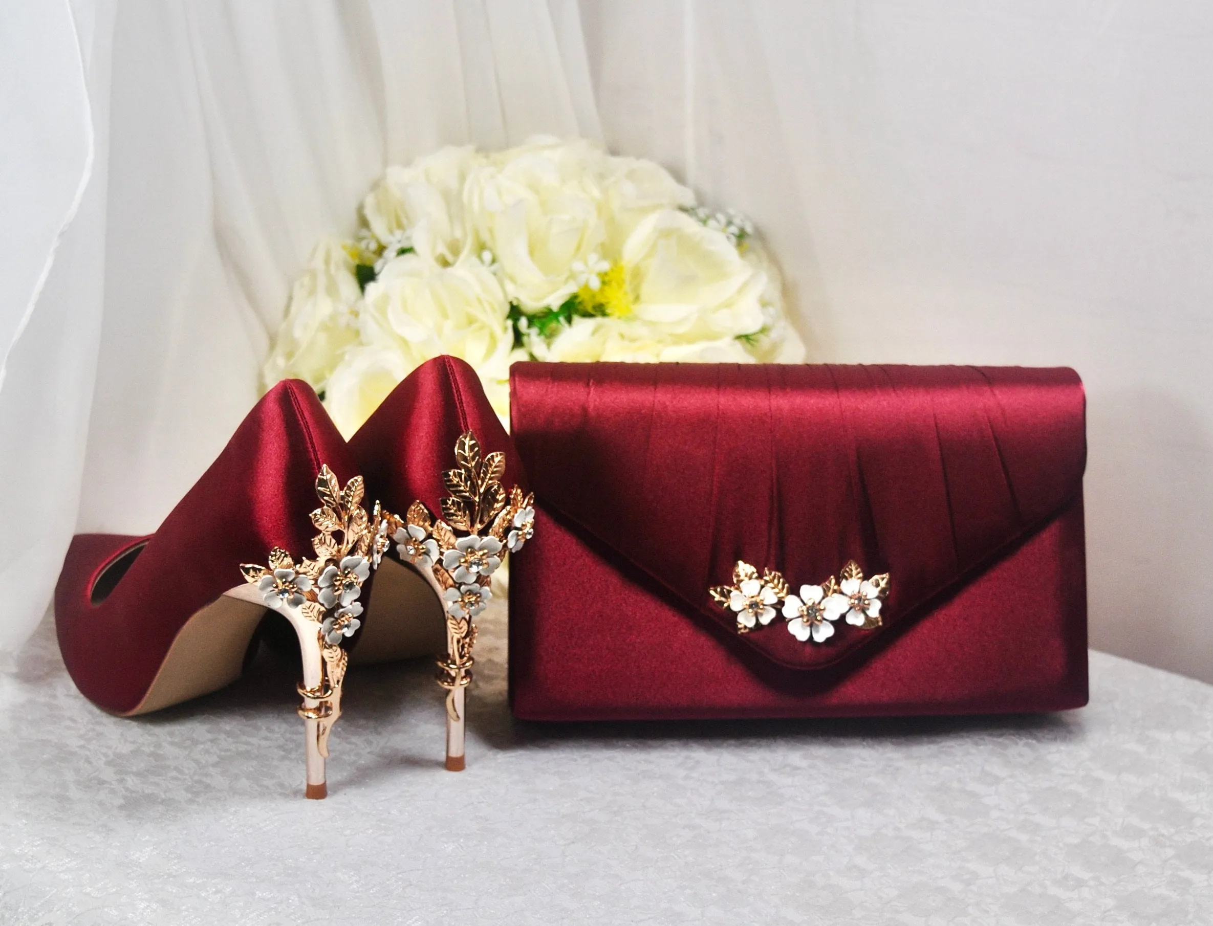Burgundy Red Satin Bridal Shoes with Gold  'Cherry Blossom',