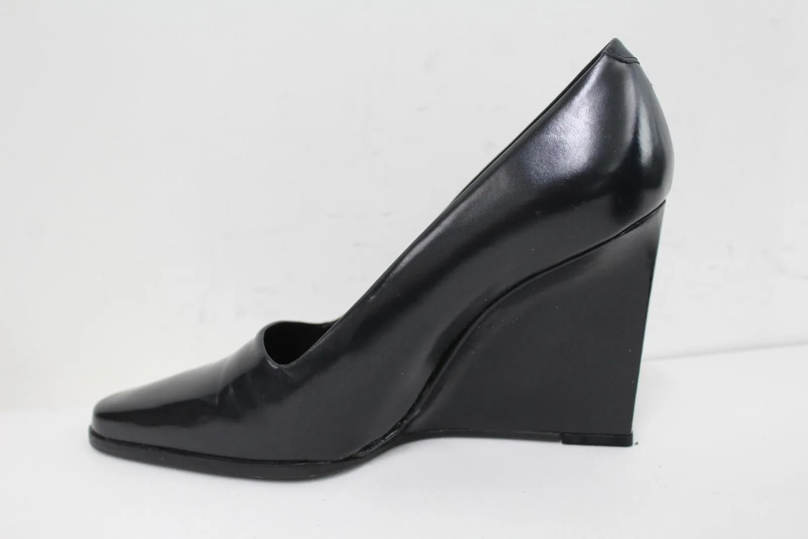 CALVIN KLEIN Ladies Black Smooth Leather High Wedge Heel Shoes EU38 UK5