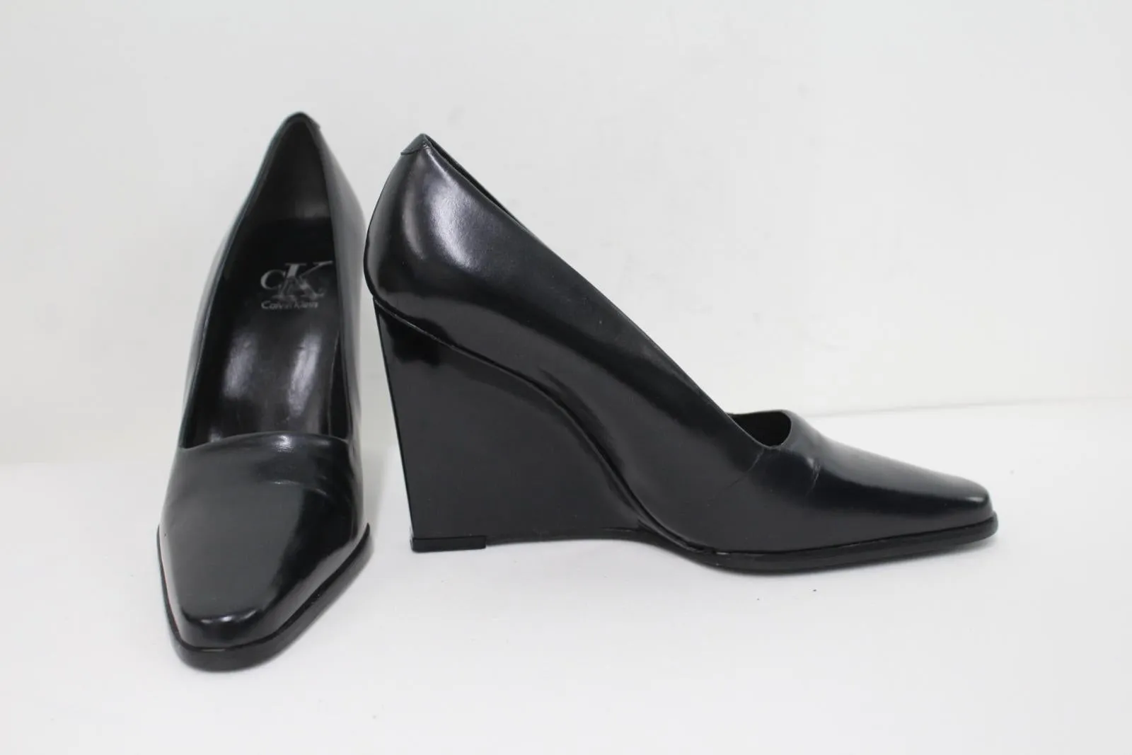 CALVIN KLEIN Ladies Black Smooth Leather High Wedge Heel Shoes EU38 UK5