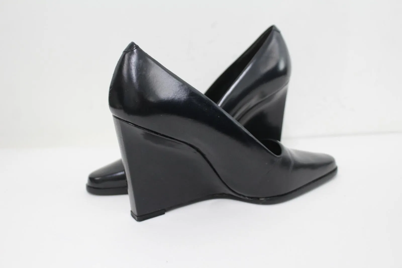 CALVIN KLEIN Ladies Black Smooth Leather High Wedge Heel Shoes EU38 UK5