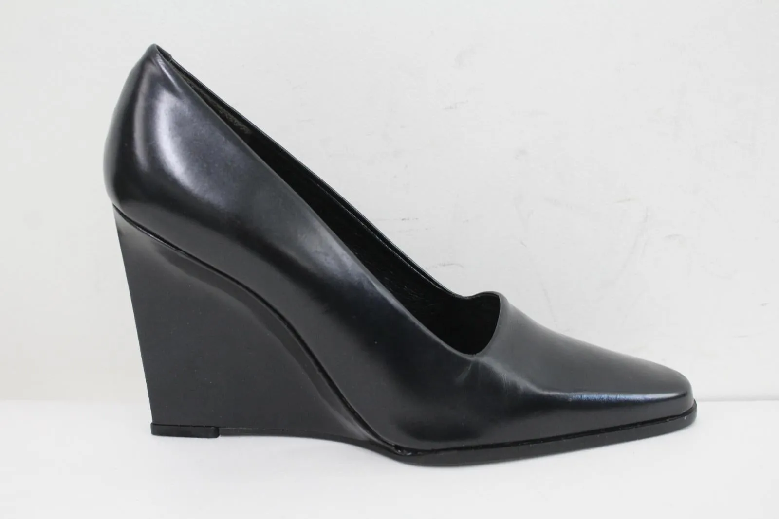 CALVIN KLEIN Ladies Black Smooth Leather High Wedge Heel Shoes EU38 UK5