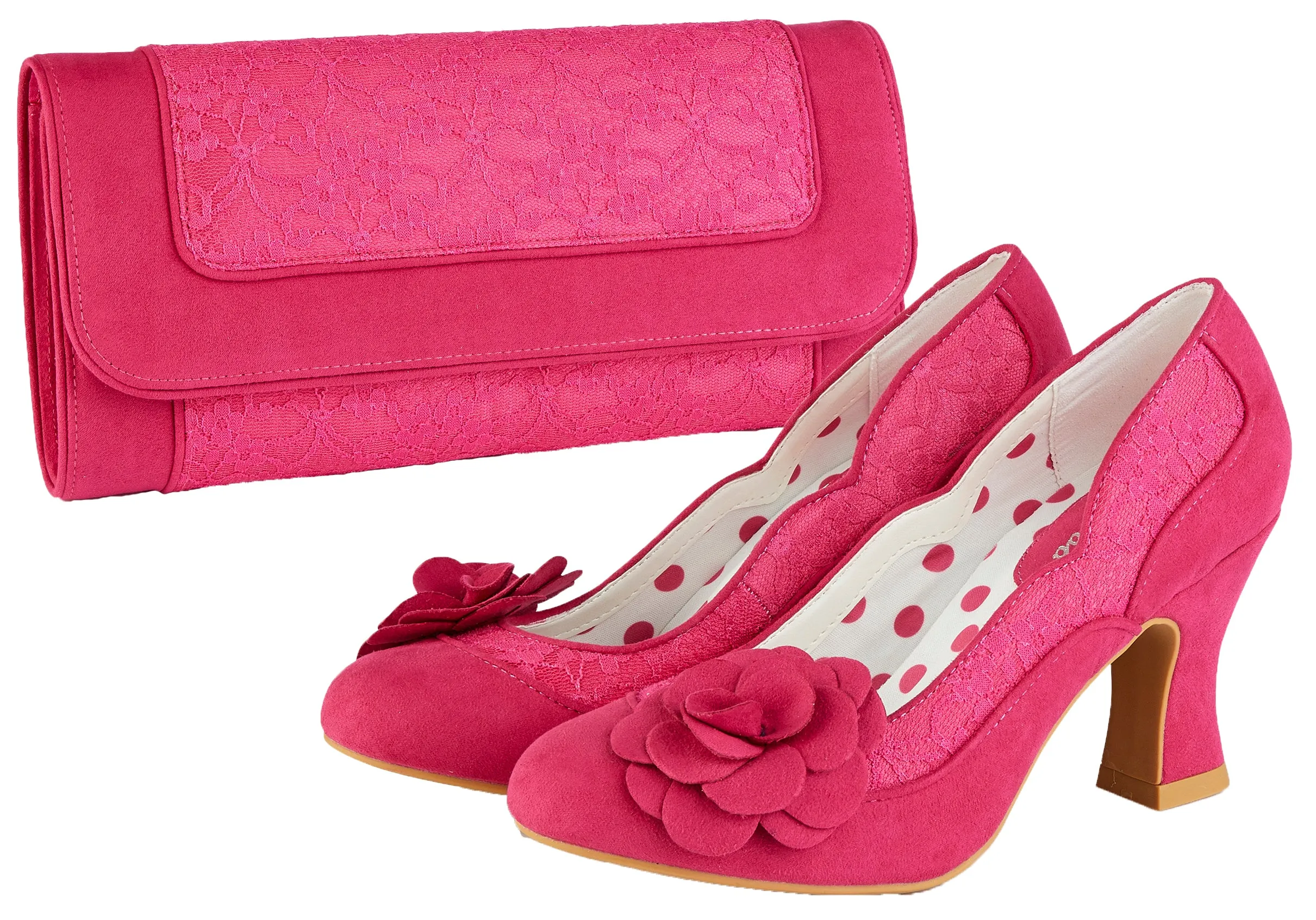 Chrissie Fuchsia Pink Mid Heel Lace Court Shoes by Ruby Shoo